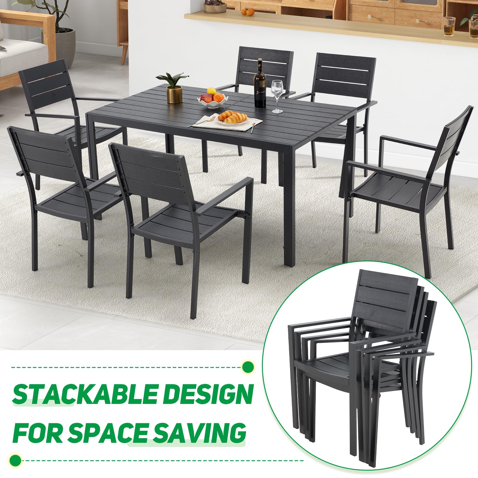 U-MAX 7-Piece Aluminum Outdoor Dining Set - Modern Patio Table and 6 Stackable Chairs for Garden, Backyard, Poolside - Durable Black Aluminum Frame Furniture for Outdoor Entertaining & Relaxation