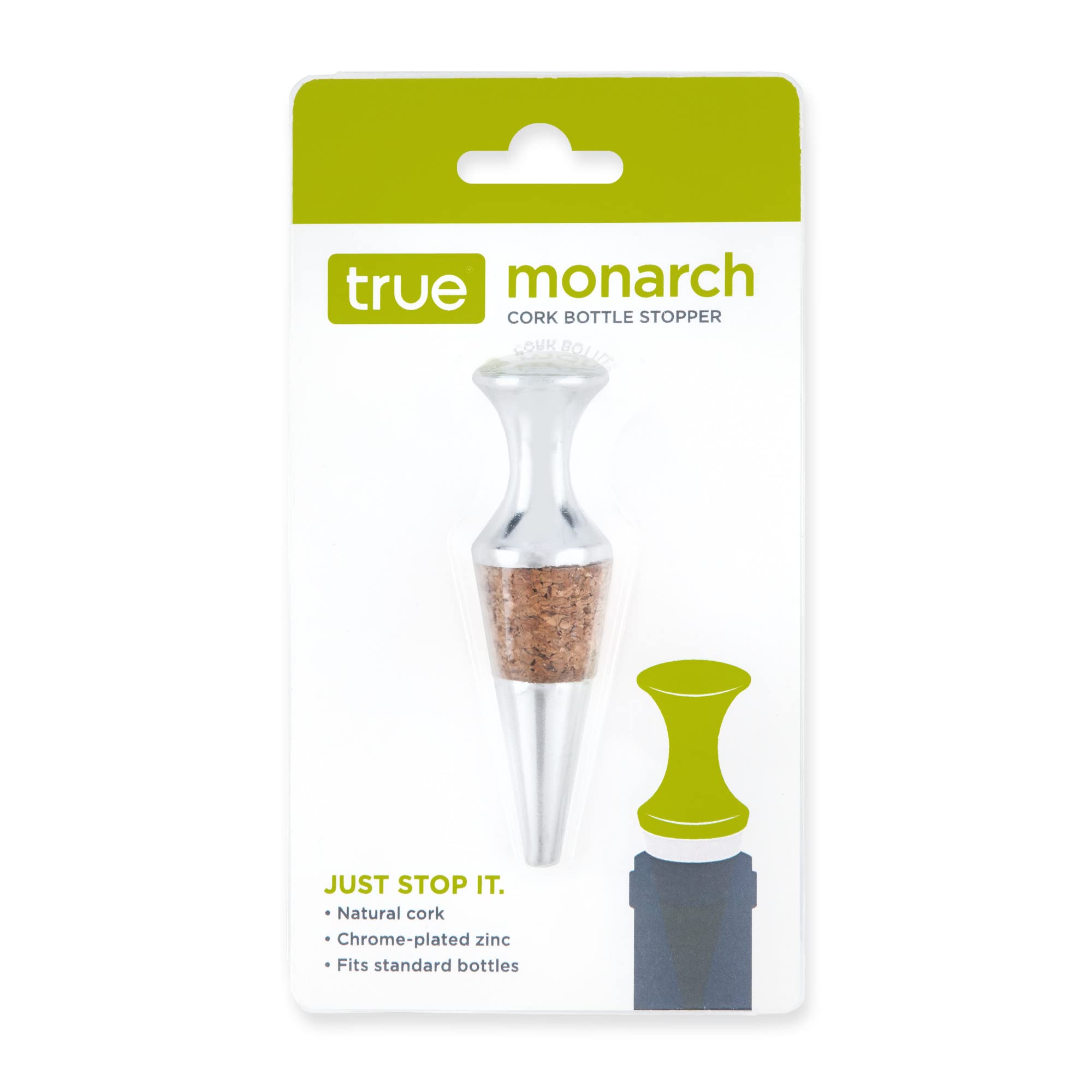 Premium Zinc Alloy Wine Stoppers with Natural Cork - Reusable Glass Bottle Stoppers for Wine Preservation - True Monarch Cork Wine Bottle Sealer (Set of 1) - Perfect for Home Bars, Wine Cellars & Dinner Parties