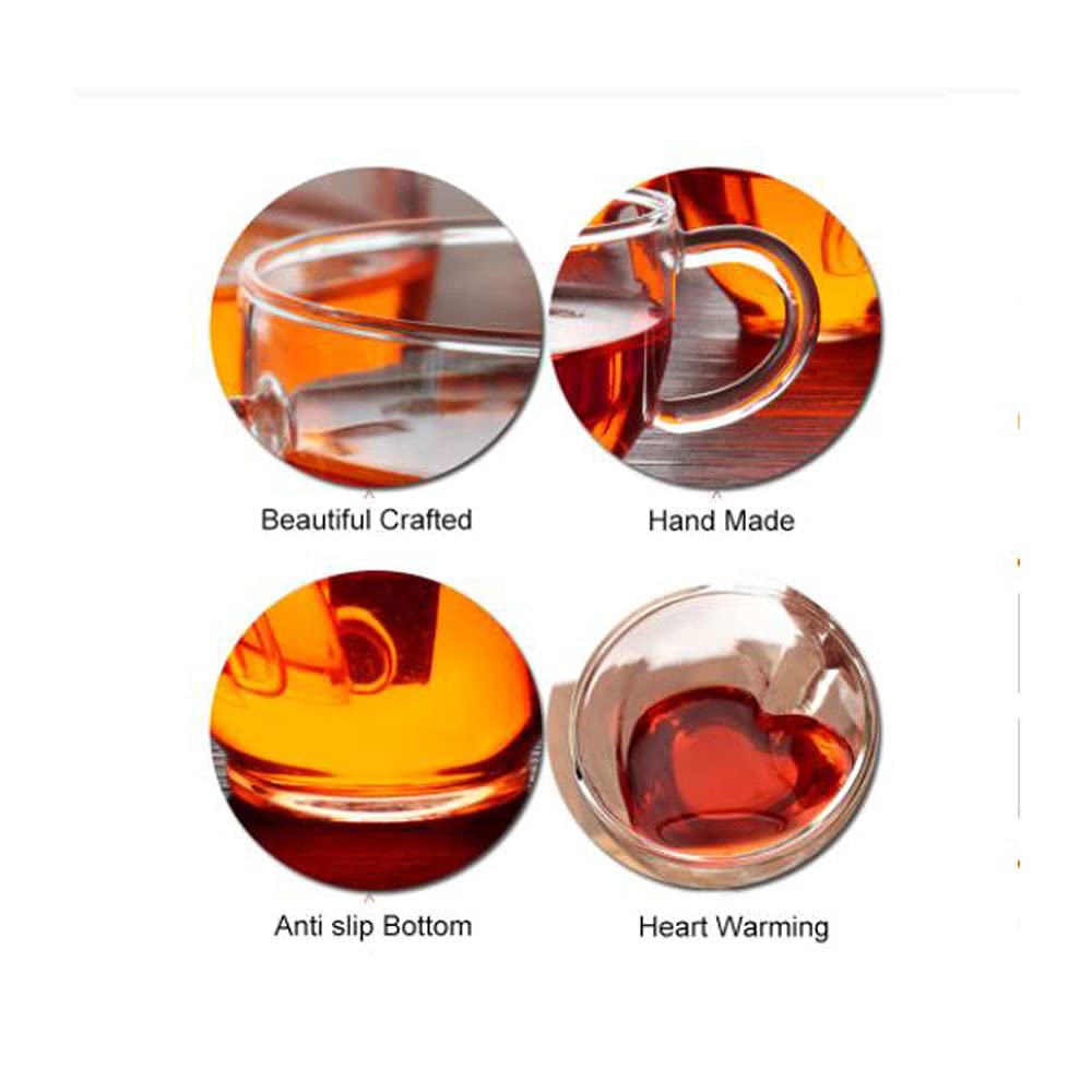 2-Pack Heart-Shaped Double Layer Insulated Glass Mugs - 150ML Heat-Resistant Coffee, Tea, Milk & Juice Cups - Perfect for Valentine's Gifts, Romantic Dinners & Cozy Home Use
