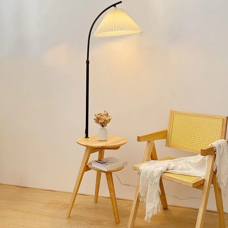 Modern Wooden Arched Floor Lamp with Side Table - Adjustable Standing Light for Living Room, Bedroom & Office - Warm Ambient Lighting for Reading & Relaxation