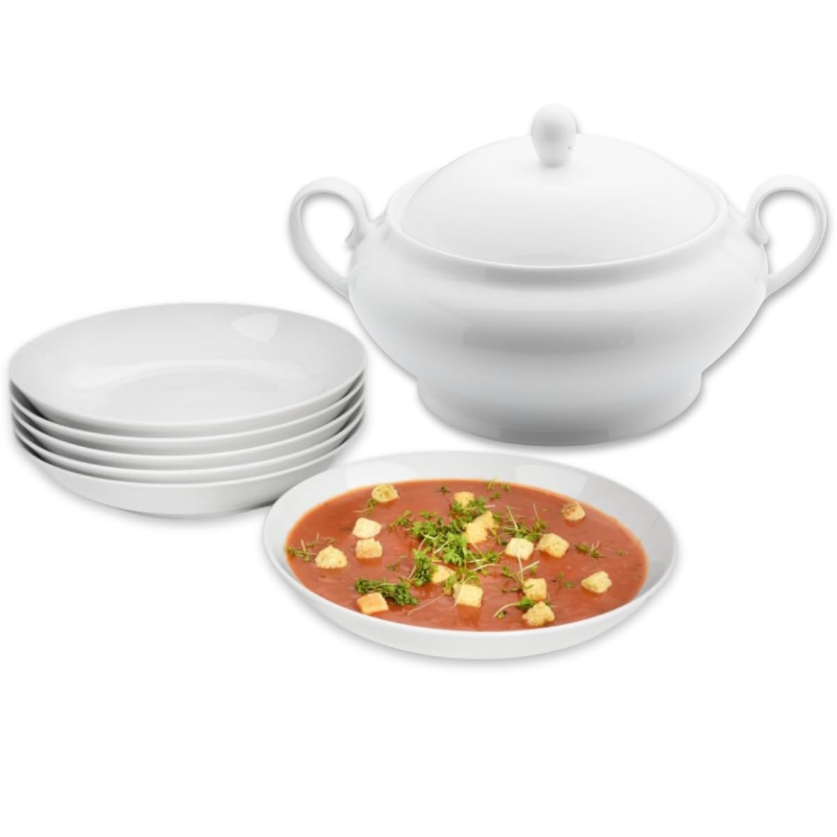 SÄNGER New Port 7-Piece Porcelain Soup Bowls Set with Lid – Dishwasher Safe White Soup Tureen & Deep Plates for 6 People | Elegant Dining, Family Gatherings & Restaurant Use