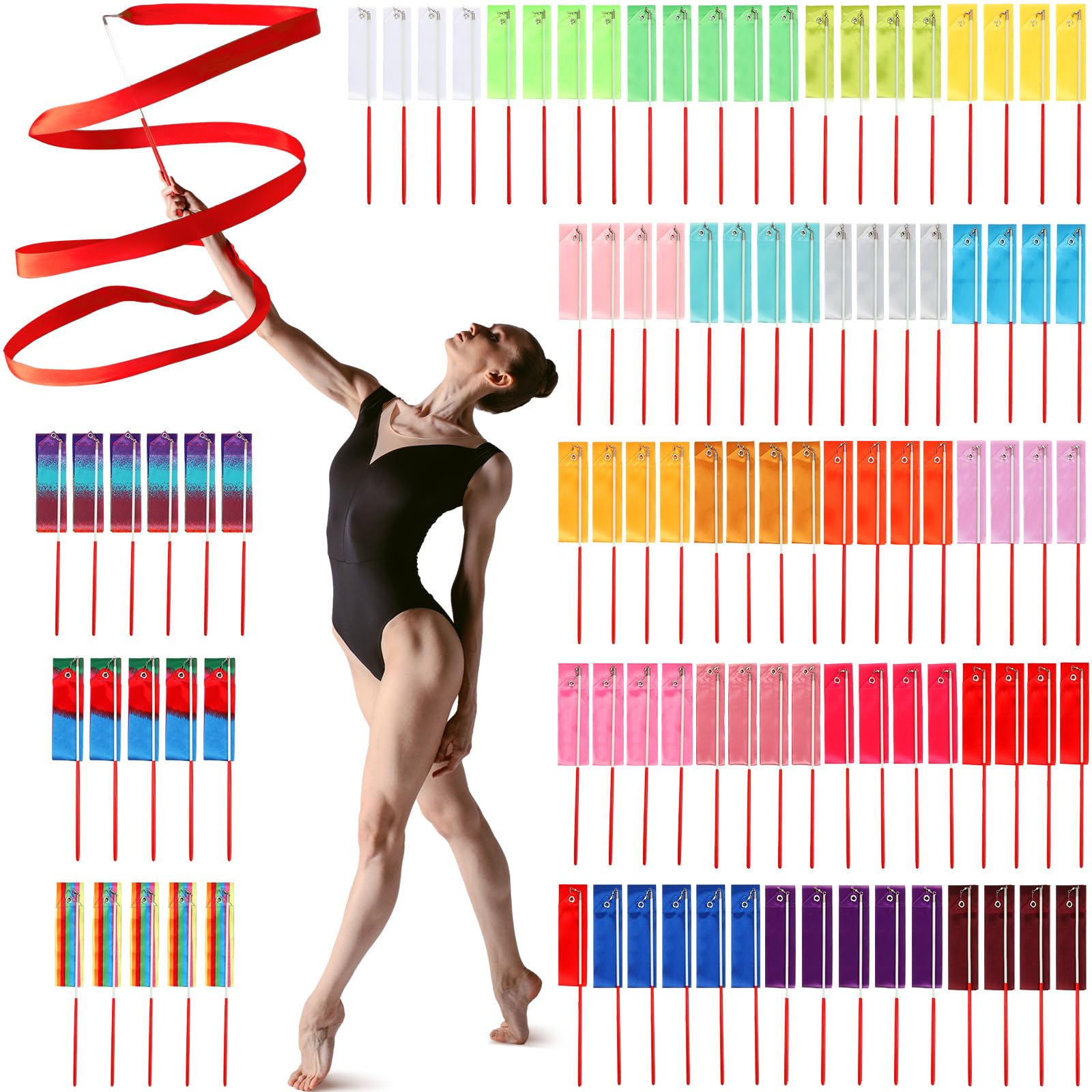 Yilloog 78.7 Inch Gymnastics Ribbon Dancing Wands - Rainbow Artistic Streamers for Twirling & Dance Performances | Perfect for Birthday Party Decorations, Girls Games & Gymnastics Practice | Great for Dance Recitals, Birthday Celebrations & Outdoor Play