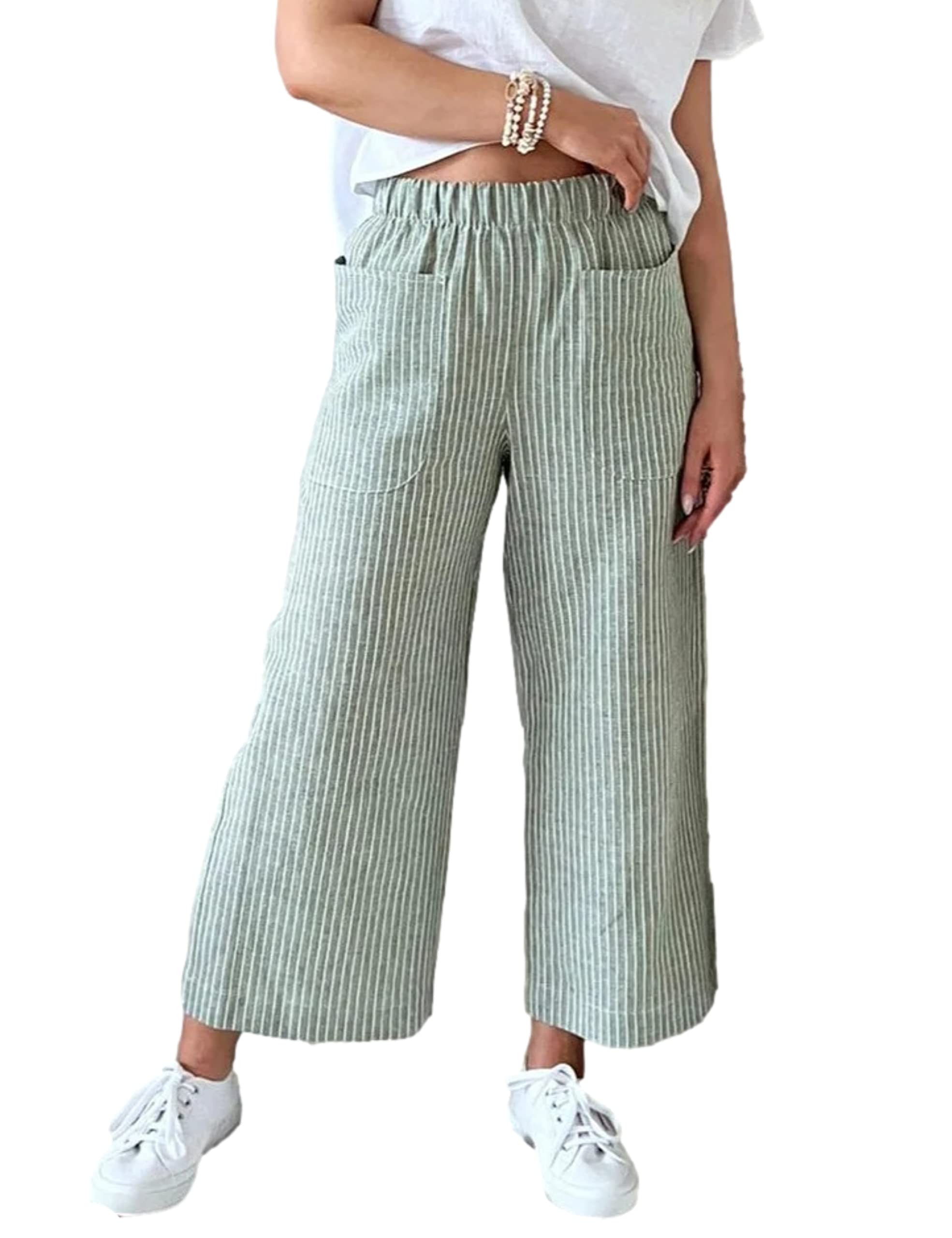 HangNiFang Women's High Waist Linen Pants - Loose Fit Striped Wide Leg Trousers with Pockets | Casual Summer Beach Wear & Boho Style Outfits