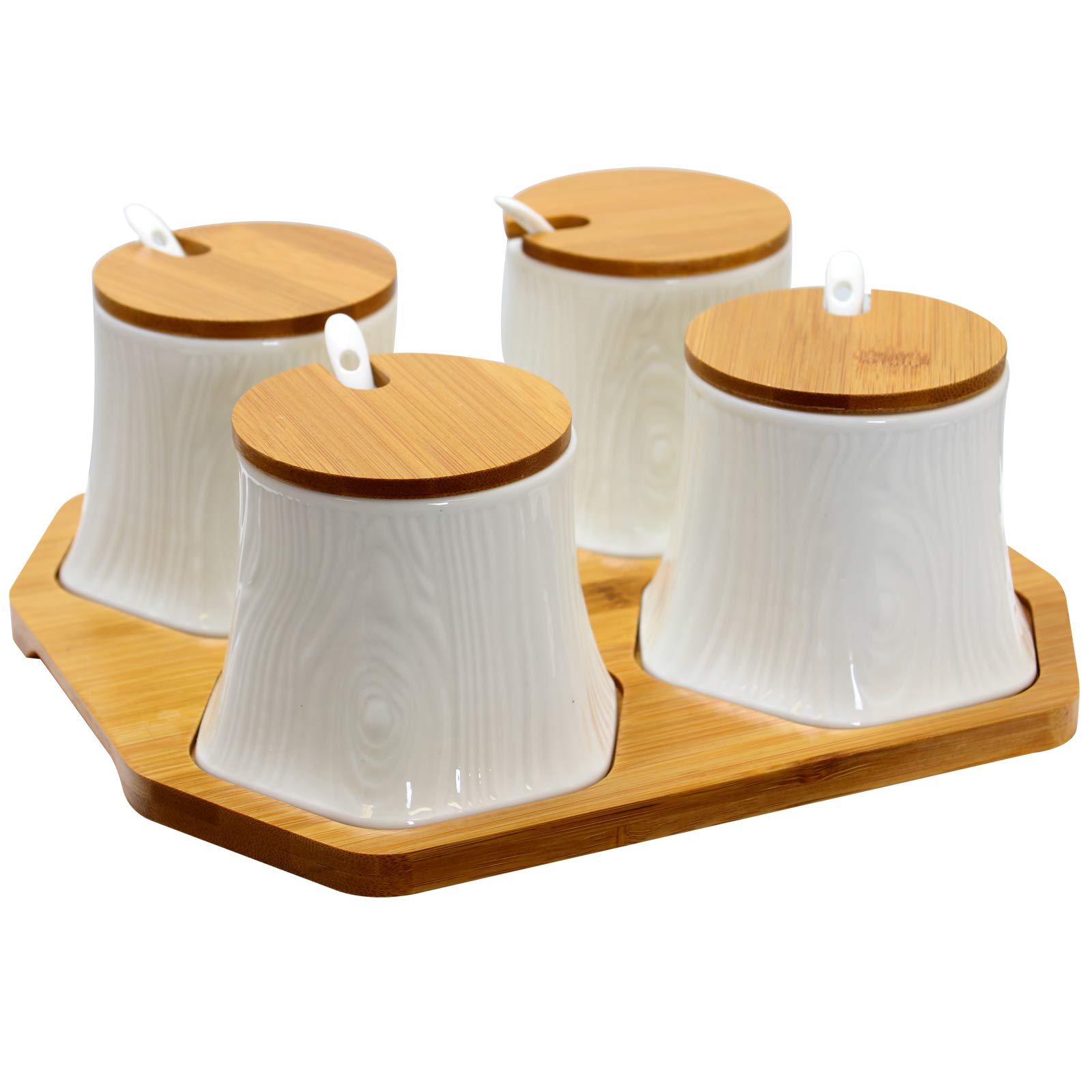 Premium Ceramic Spice Jars with Bamboo Lids & Serving Spoons - Airtight Kitchen Storage for Spices, Jam, Salsa - Perfect for Cooking, Baking & Entertaining