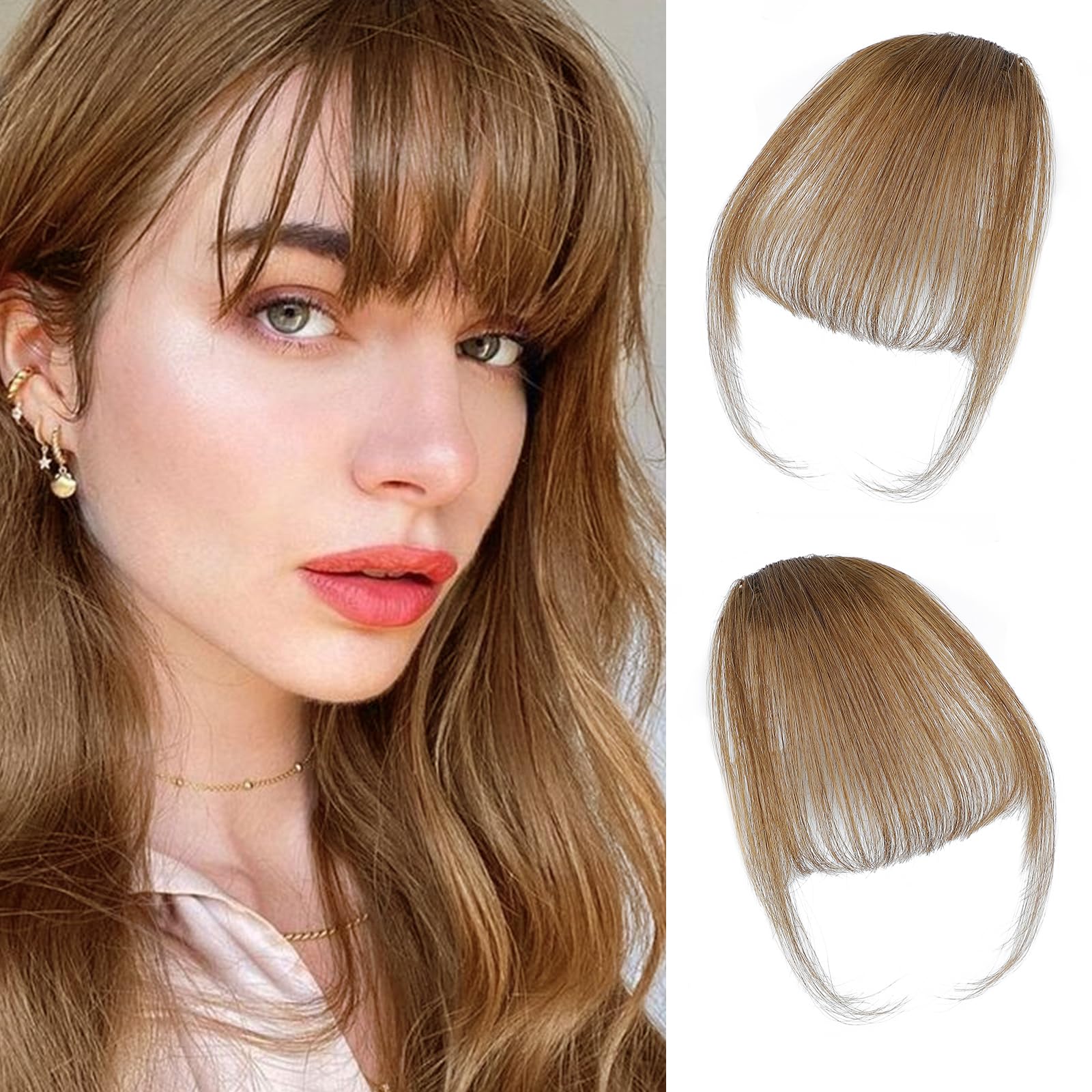 100% Real Human Hair Clip-In Bangs for Women | Faux Bangs Hair Extensions with Hair Roller | 4.5x6 Inch Light Brown | Perfect for Daily Wear, Cosplay & Quick Hairstyle Transformations