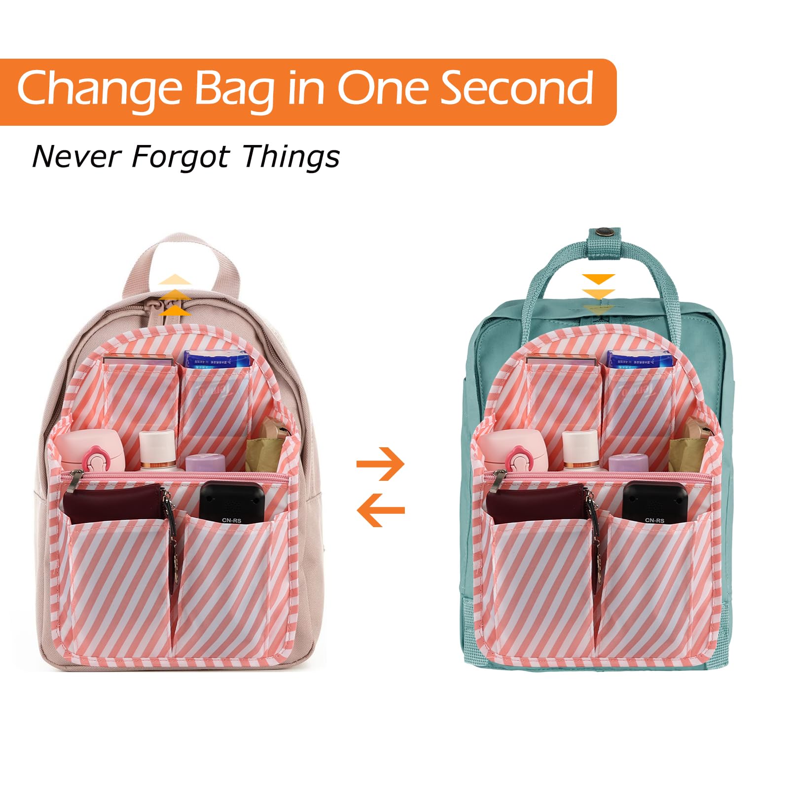 Surblue Travel Backpack Organizer Insert - Foldable Nylon Hanging Organizer for Purses, Handbags & Rucksacks - High Capacity Divider Pockets - Pink Medium Size - Perfect for Business Trips, Commuting & Weekend Getaways