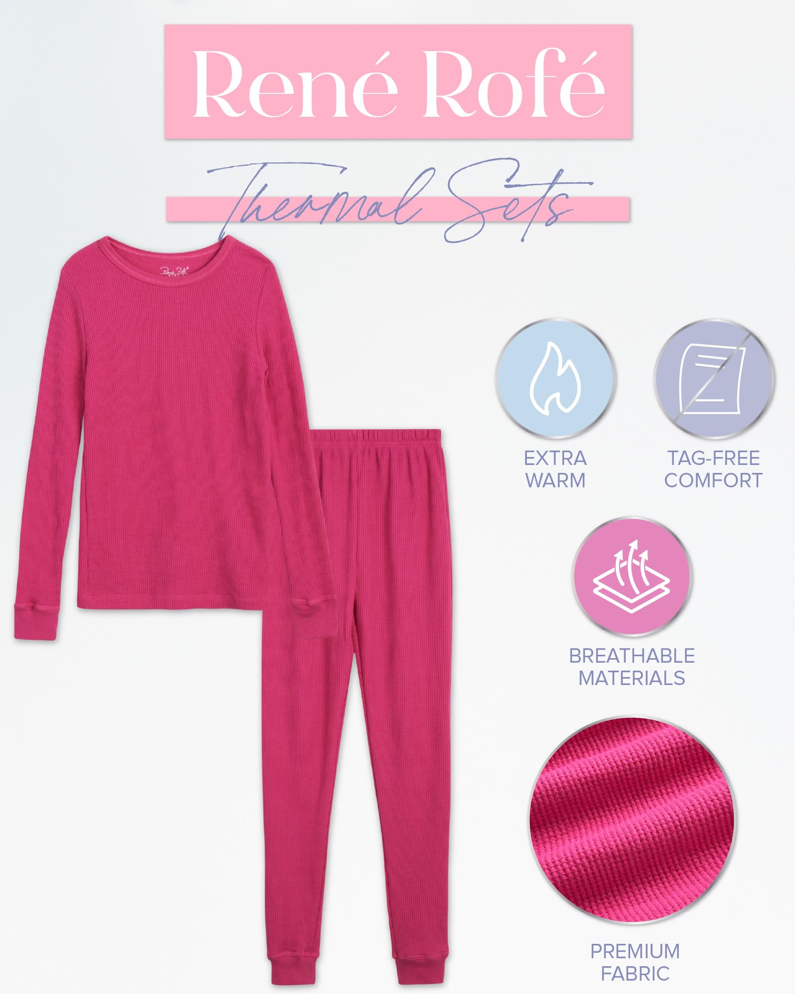 Rene Rofe Girls' Thermal Underwear Set - 2 Piece Waffle Knit Top & Long Johns Pajamas (2T-16) | Warm Winter Base Layer for Kids | Perfect for Cold Weather & Outdoor Activities