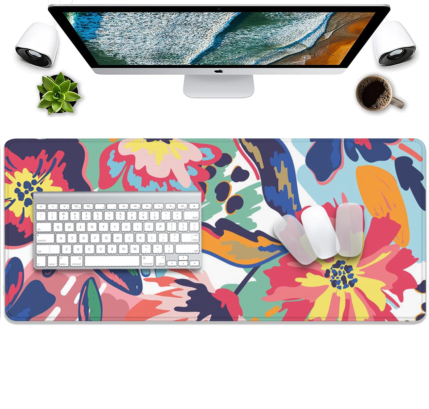 Boho Abstract Floral Leaves Mouse Pad - Non-Slip Waterproof Desk Mat with Stitched Edges for Gaming, Office & Home Use - Perfect for Computers, Laptops & Keyboards (27.5x11.8 Inches) - Ideal Workspace Accessory for Gamers, Professionals & Home Offices