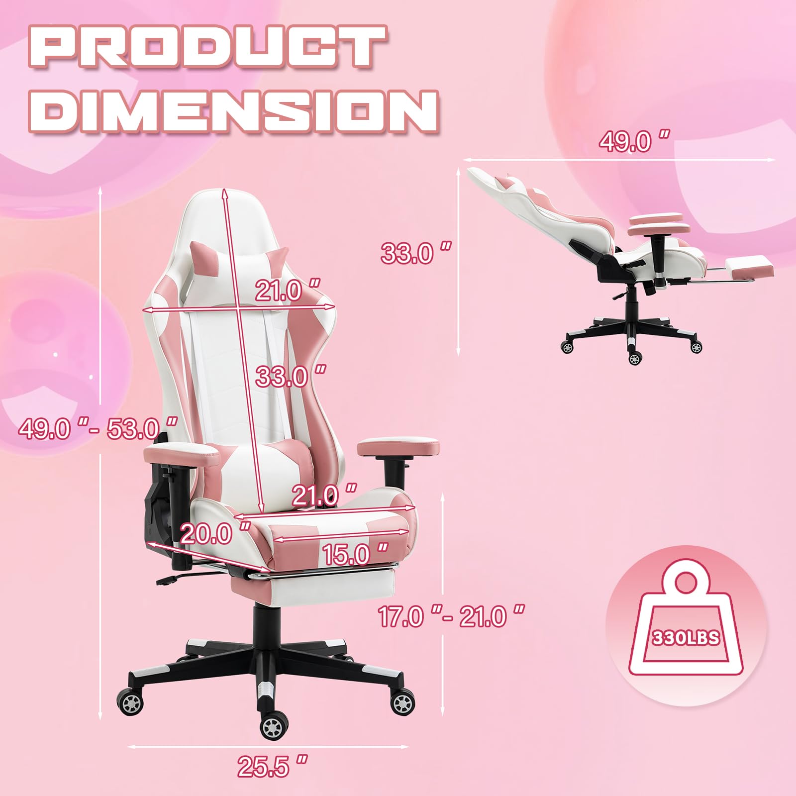 ECOTOUGE Ergonomic Gaming Chair with Footrest - Pink & White PC Office Desk Chair, Racing Style Recliner with Adjustable Headrest & Lumbar Support - Perfect for Gamers, Streamers & Home Office Workers