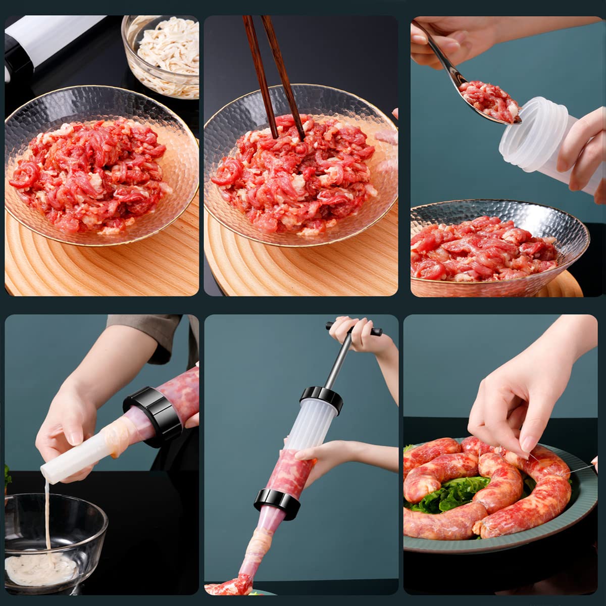 **Heavy Duty Plastic Hand Push Sausage Maker with 3 Nozzle Tubes - Meat Stuffer & Filler for Homemade Sausages - Perfect for Christmas, BBQ, and Home Kitchen Use**