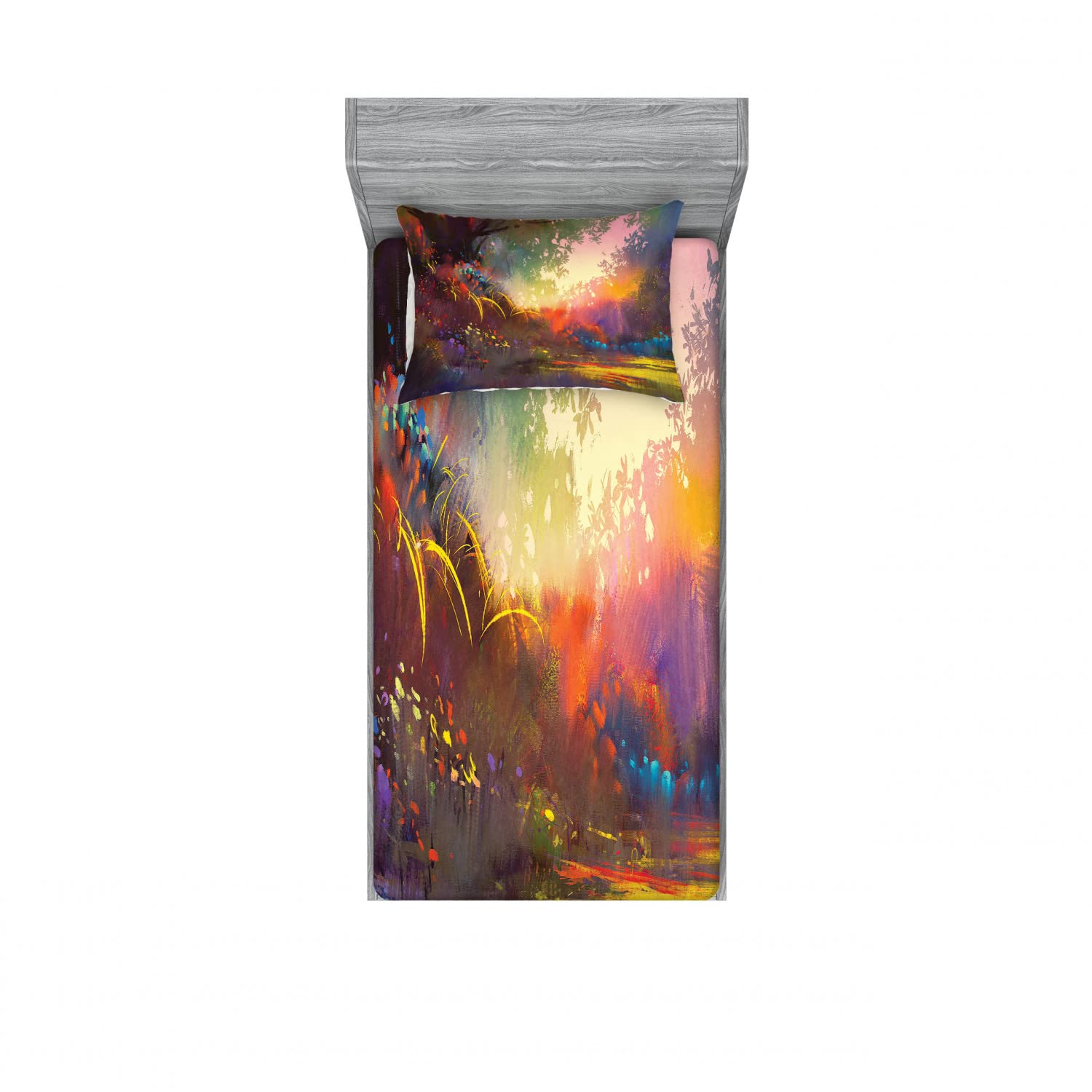 Ambesonne Nature 2 Pack Twin XL Fitted Sheet & Pillow Sham Set - Lake Art Brush Design, 4 Piece Bedding Decor for Dorm, Guest Room & Vacation Homes - Soft & Wrinkle-Resistant Multicolor Sheets