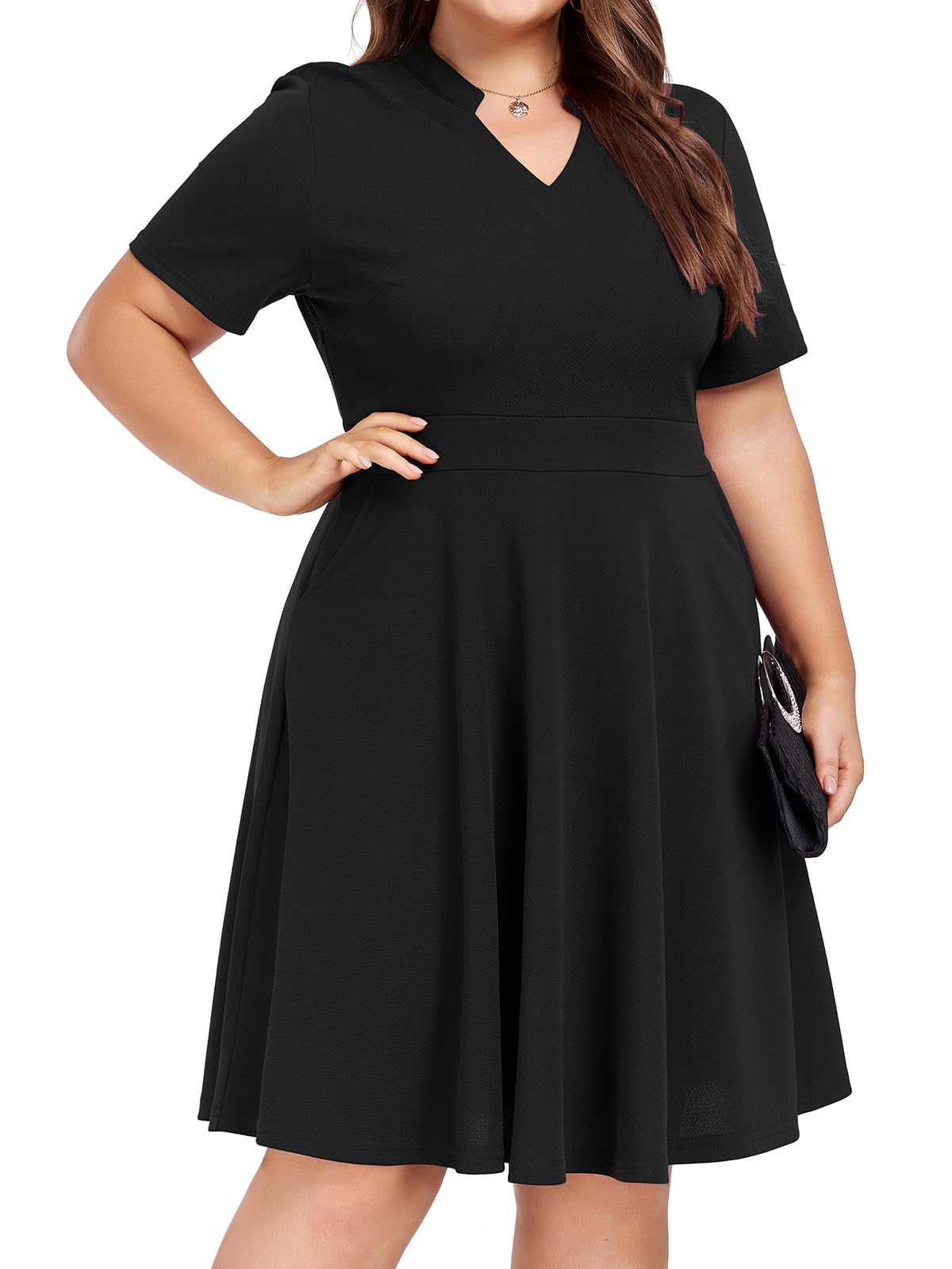 Mokayee Women's Plus Size Summer Dresses - V Neck Casual & Semi-Formal Knee Length Dress with Pockets for Wedding Guest, Church, Office & Special Occasions