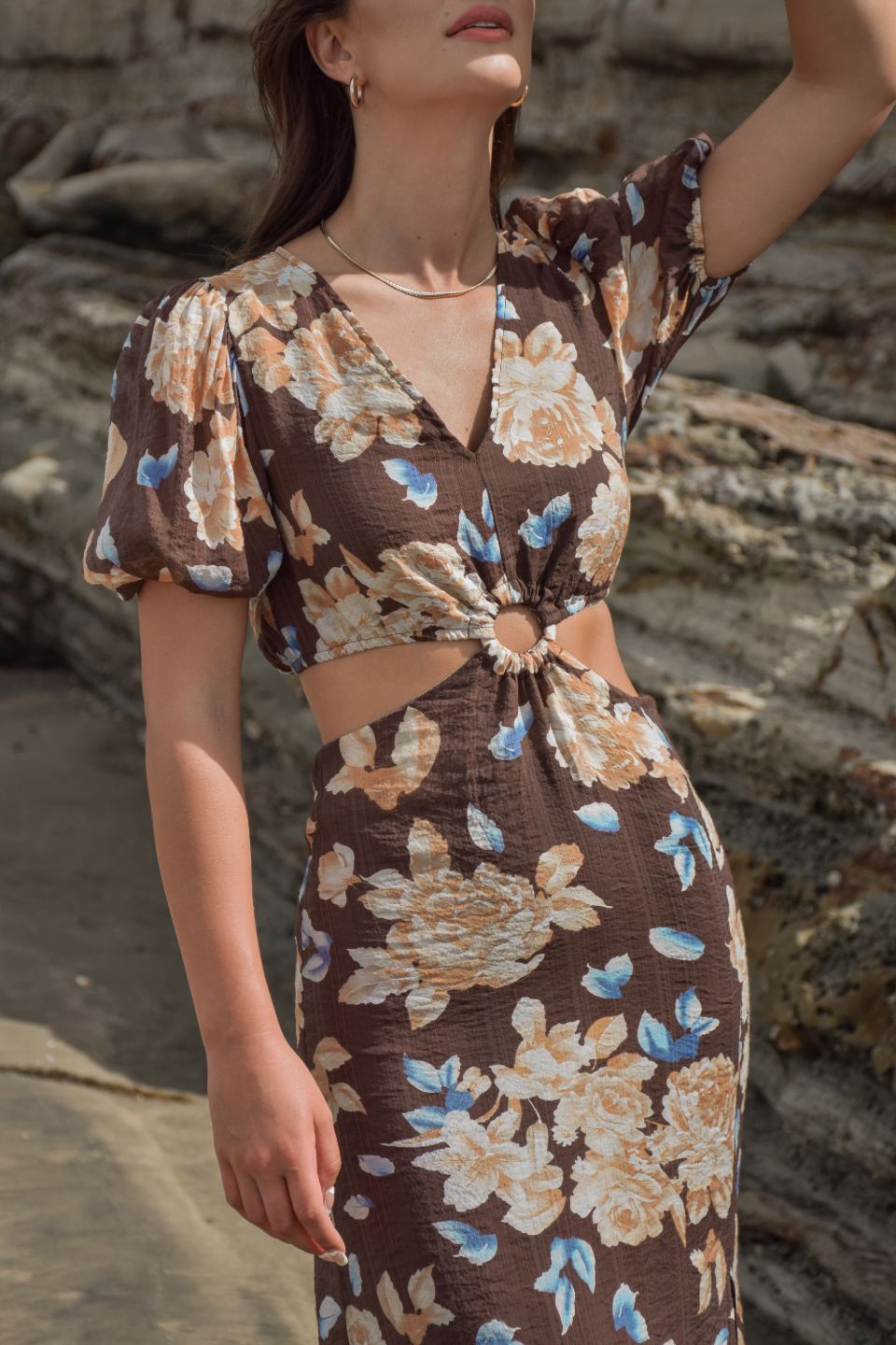 Breeze Chocolate Floral Puff Sleeve V-Neck Waist Cut Out Maxi Dress for Women - Perfect for Summer Beach Vacations, Date Nights & Boho Parties
