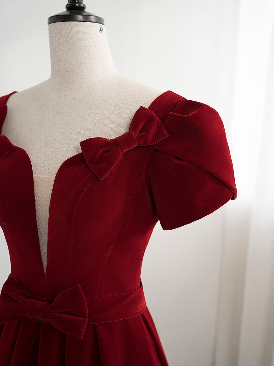 Elegant A-Line Velvet Burgundy Dress for Women - Perfect for Holiday Parties, Weddings & Special Occasions