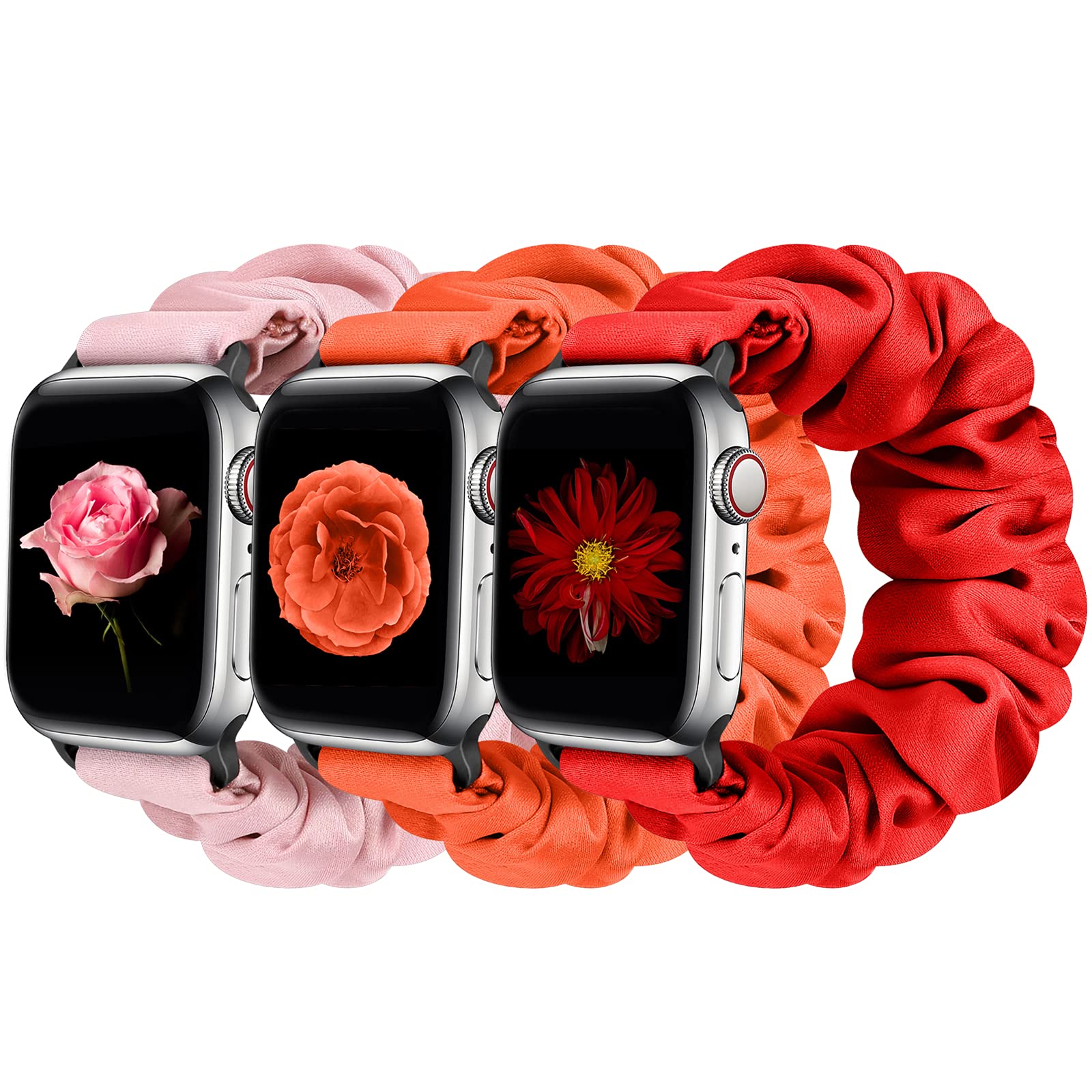 3 Pack Apple Watch Bands for Women - Soft Fabric Scrunchies Wristbands Compatible with iWatch Ultra 2/Series 10/9/8/7/6/5/4/3/2/1/SE (38mm-49mm) - Stylish Printed Patterns for Workouts, Office & Everyday Wear