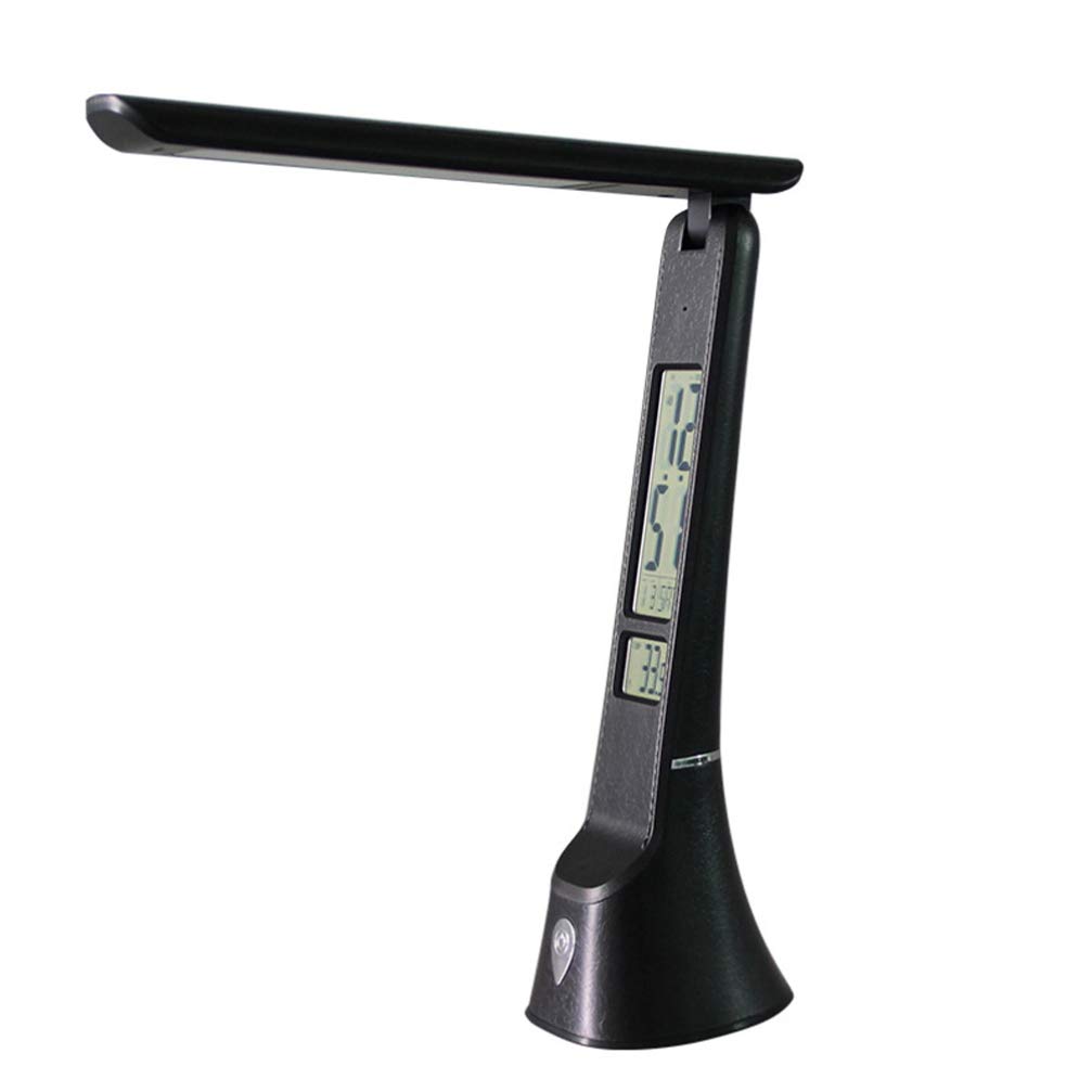 VOSAREA LED Desk Lamp with Touch Control, Alarm Clock & Calendar Display - Dimmable Eye-Caring Reading Light, Foldable USB Powered Study Lamp for Office, Home & School - Black
