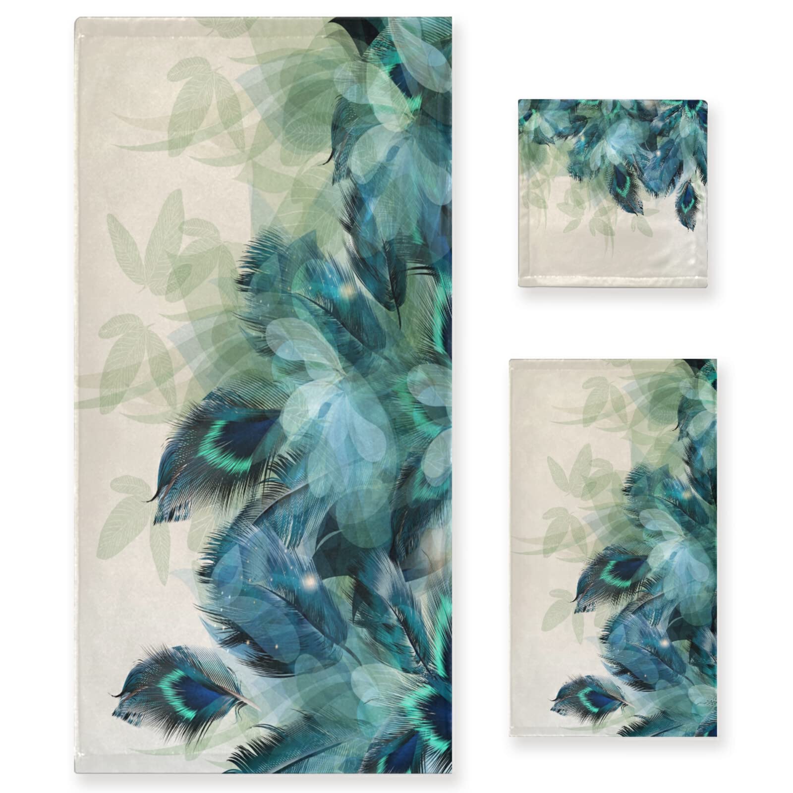 Soft Absorbent Watercolor Peacock Feather Bath Towels Set - 3 Piece Luxury Bathroom Towels (1 Bath Towel, 1 Hand Towel, 1 Washcloth) in Teal Turquoise Floral Green Leaf Print - Perfect for Spa, Gym & Home Decor