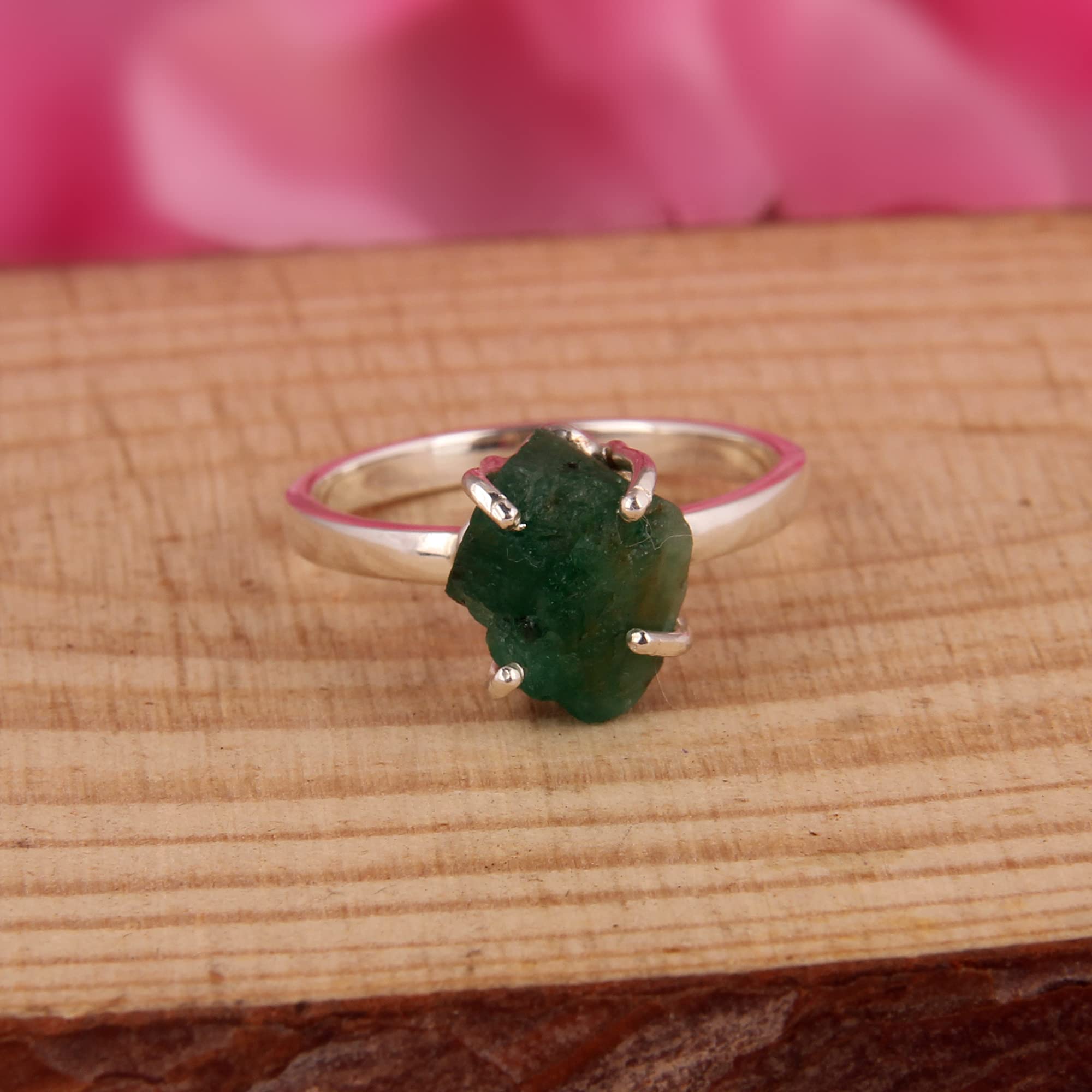PANOPLY Emerald Rough Raw Emerald Ring - May Birthstone, Uncut Raw Gemstone Solitaire Ring for Stacking, Engagement, or Gift for Her (Size 9.5, 12mm) - Perfect for Everyday Wear, Special Occasions & Jewelry Collections