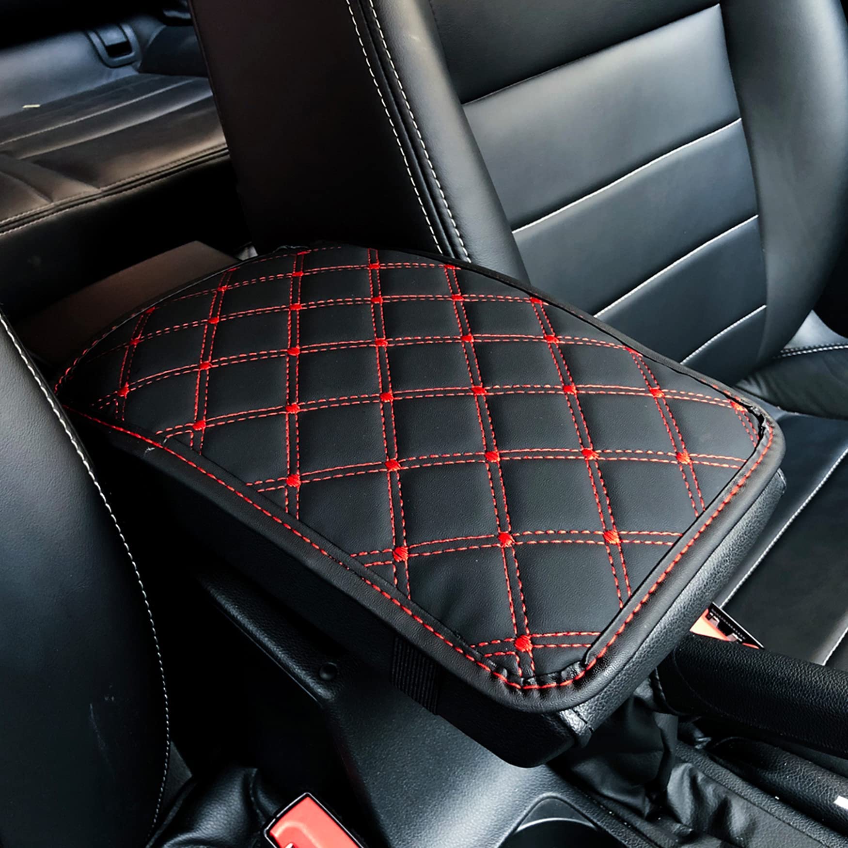 **Cotree Universal Auto Center Console Cover - Waterproof PU Leather Armrest Protector for SUV, Truck & Car - Black & Red - Perfect for Road Trips & Daily Commutes**