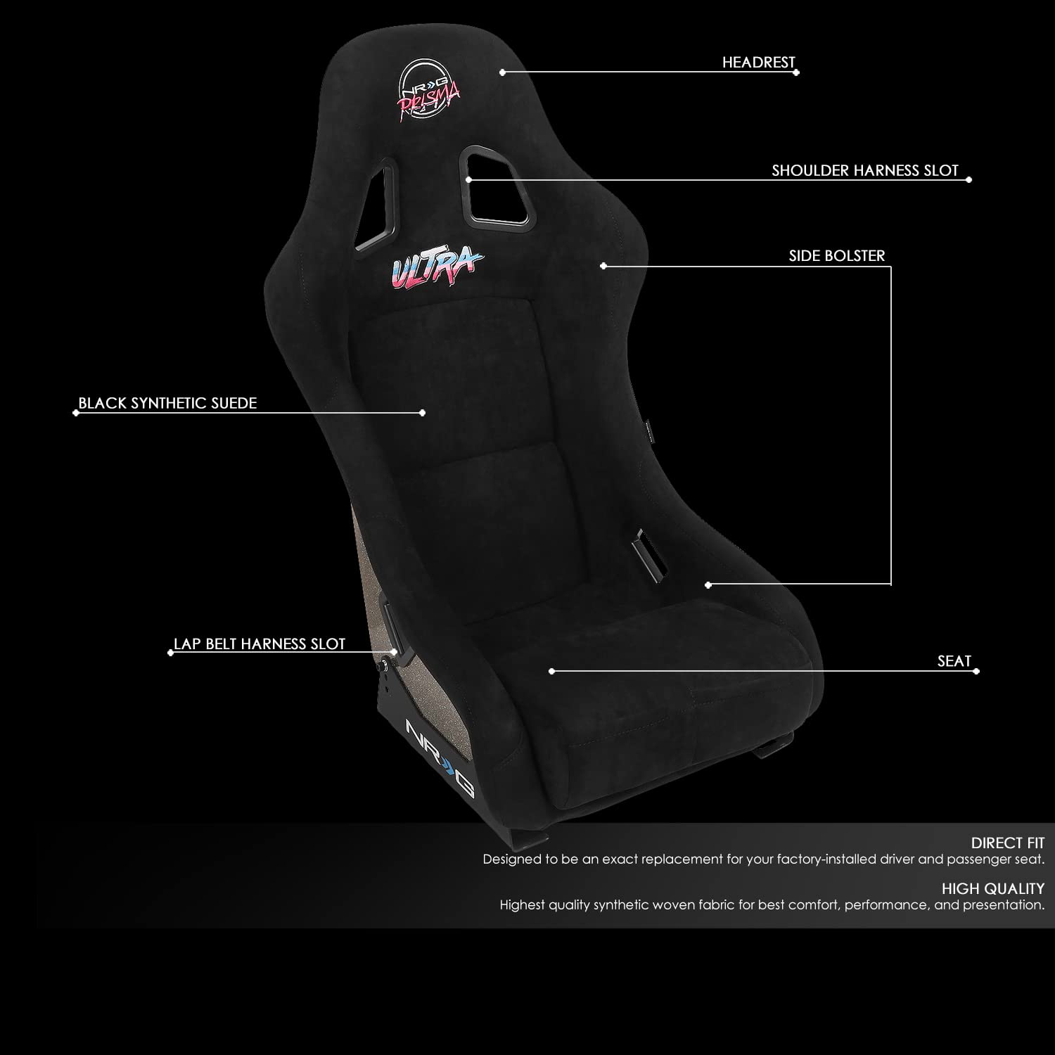 NRG Innovations NRG-FRP-303BK-ULTRA Universal Fixed Back Racing Bucket Seat - Side Mount Adapters for 6-Point Harness, Medium Size, Black Cover - Perfect for Drifting, Track Racing & Performance Cars