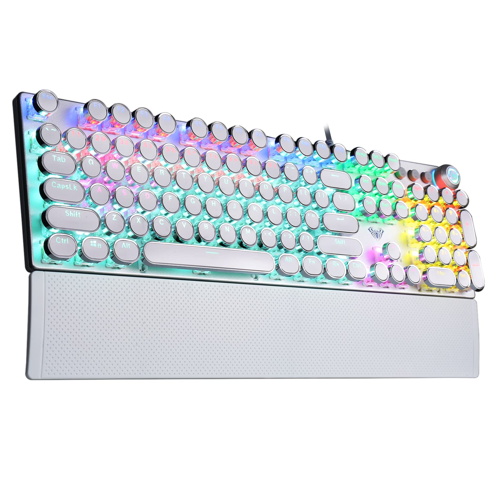 AULA F2088 Retro Mechanical Gaming Keyboard - Blue Switches, Removable Wrist Rest, RGB Backlit, Round Keycaps, 108 Keys Wired USB (White) - Perfect for Typing, Gaming & Office Work