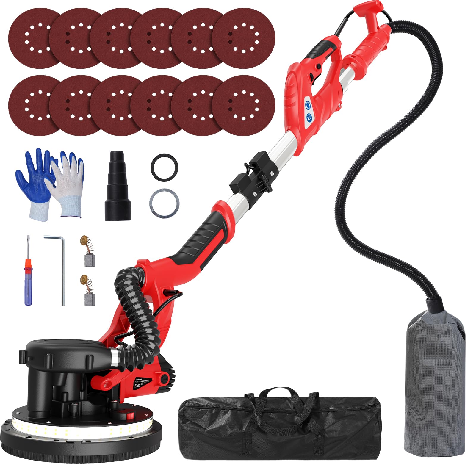 IMQUALI® 750W Drywall Sander with Vacuum Dust Collector - 6.8A Power, 7-Speed Adjustable (800-1750 RPM), Extendable Handle, LED Light & 12 Sanding Discs - Ideal for Popcorn Ceiling Removal, Wall Smoothing & DIY Home Renovation Projects