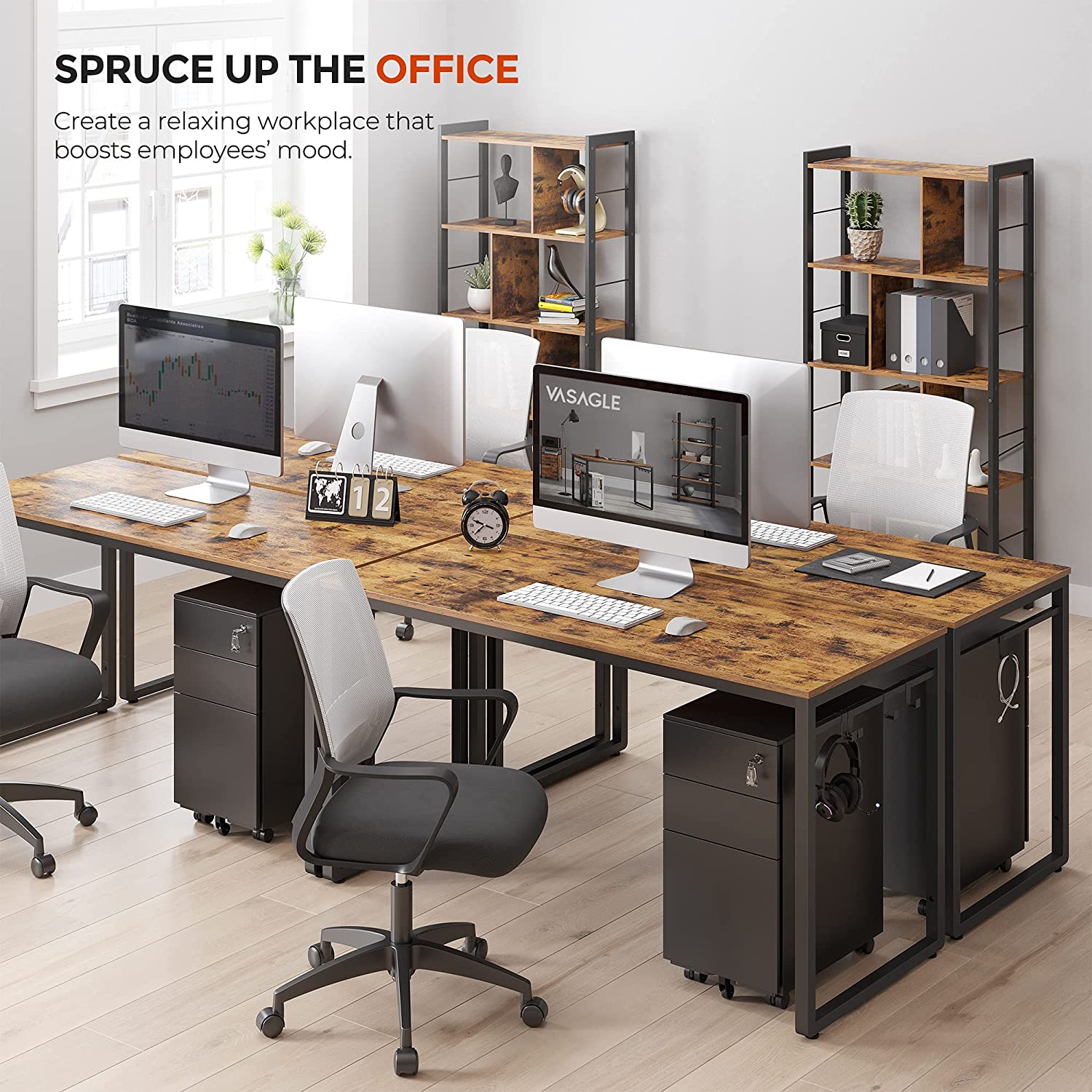 VASAGLE 55 Inch Industrial Computer Desk with Metal Frame & 8 Hooks - Rustic Brown Home Office Writing Table for Work, Study & Gaming - Perfect for Small Spaces & Remote Work Setup