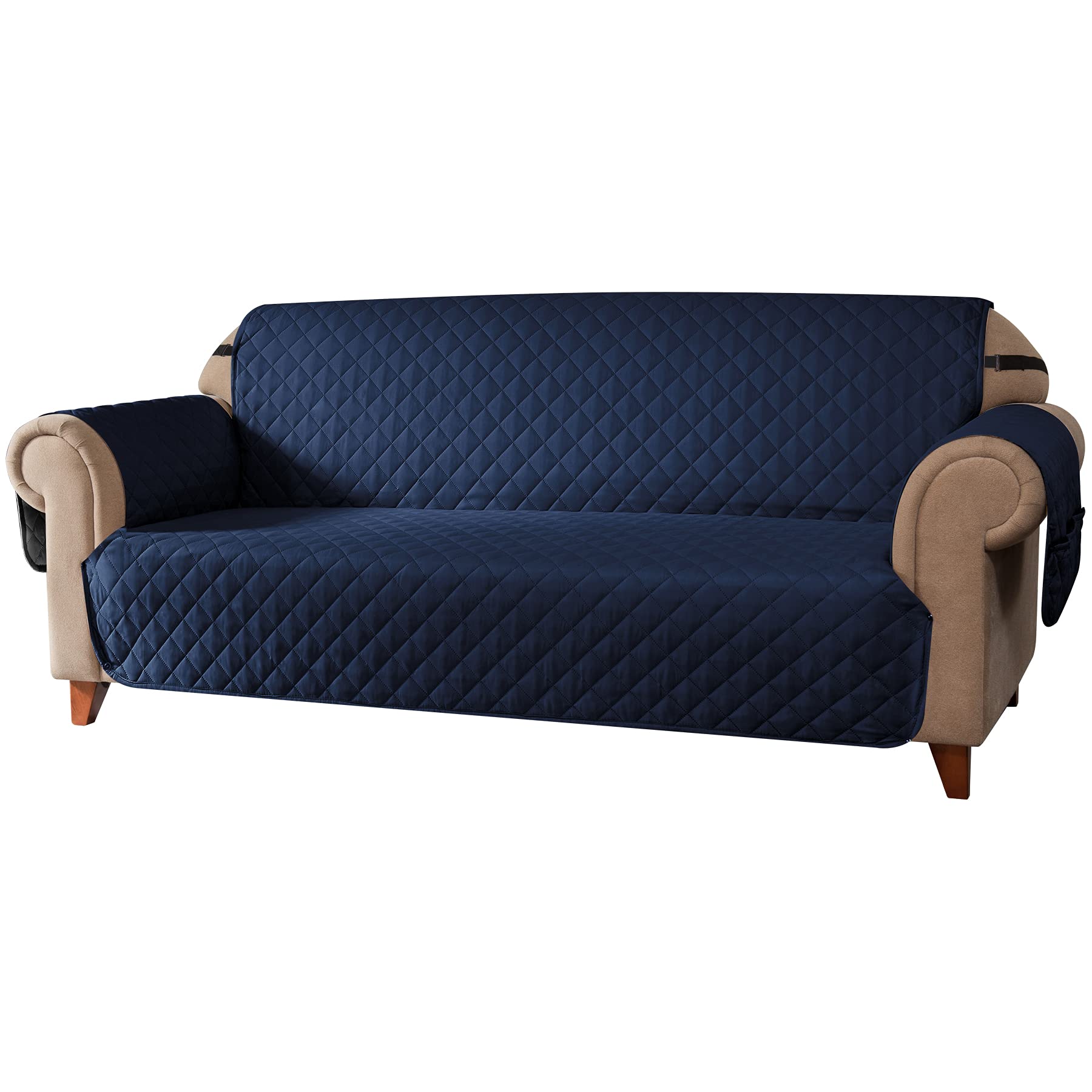 Subrtex Reversible Sofa Cover Slipcover with Elastic Straps & Side Pockets - Washable Furniture Protector for Pets & Kids - XL Size Navy Blue - Perfect for Living Room, Family Room & Pet-Friendly Homes