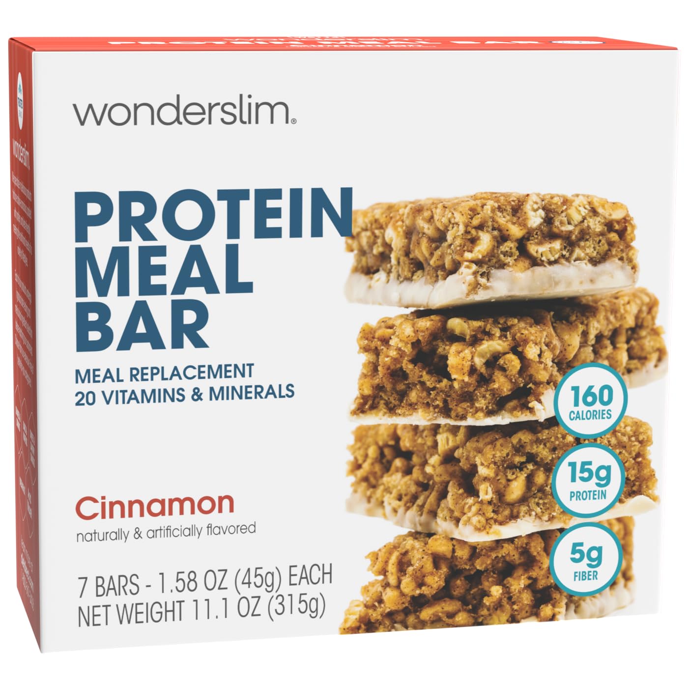 WonderSlim Cinnamon Protein Bar - 15g Protein, 20 Vitamins & Minerals, Gluten Free Meal Replacement (7 Count) - Perfect for Weight Loss, Post-Workout Recovery & Healthy Snacking On-The-Go