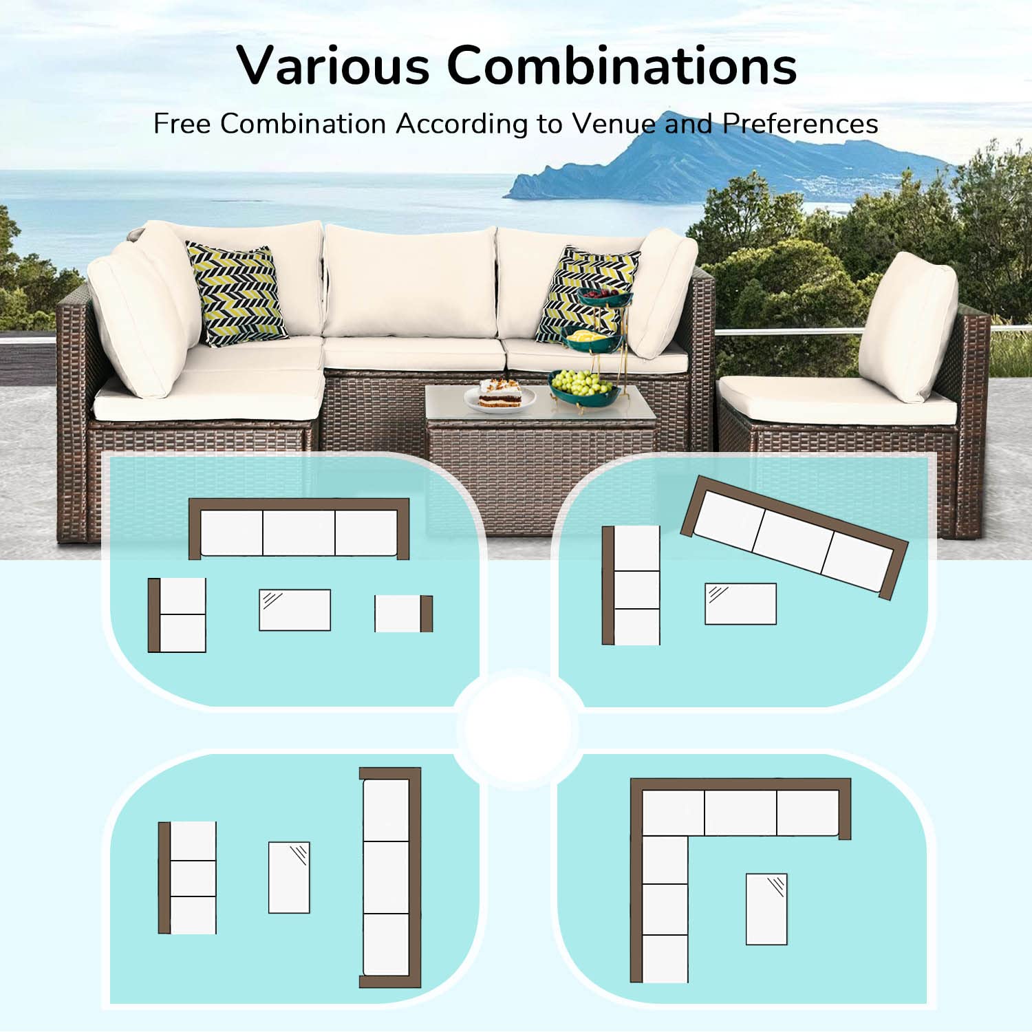 7-Piece Outdoor Patio Furniture Set - Wicker Conversation Sectional Sofa with Coffee Table - Khaki Cushioned Backyard, Porch, Balcony & Poolside Lounge Set for Relaxing & Entertaining