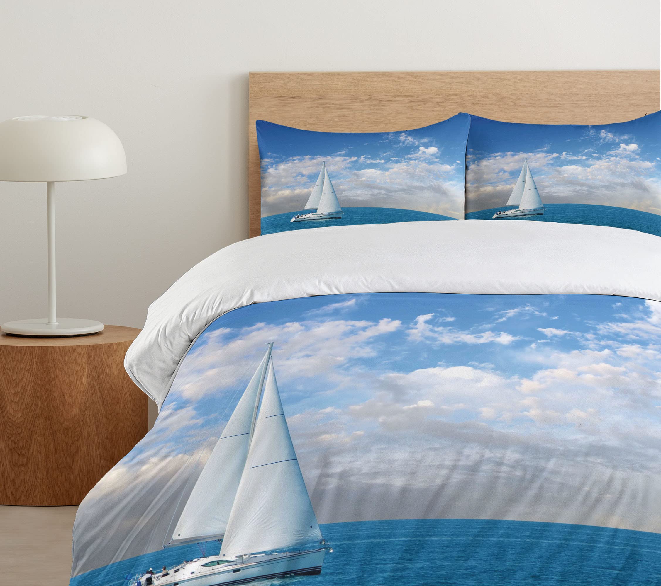 Ambesonne Ocean Duvet Cover Set - Modern Sailboat Design with Sea Horizon & Cloudy Sky - 3 Piece Queen Size Bedding Set with 2 Pillow Shams in Sky Blue & White - Perfect for Coastal, Nautical & Summer Beach Themed Bedrooms
