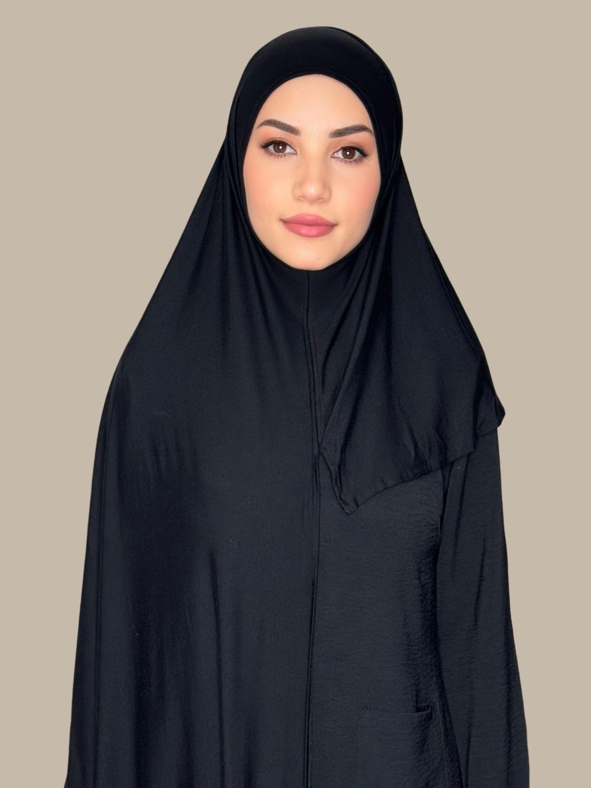 Black Pre-Sewn Jersey Hijab - Soft & Stretchy Muslim Headscarf for Women - Perfect for Daily Wear, Prayer, and Modest Fashion