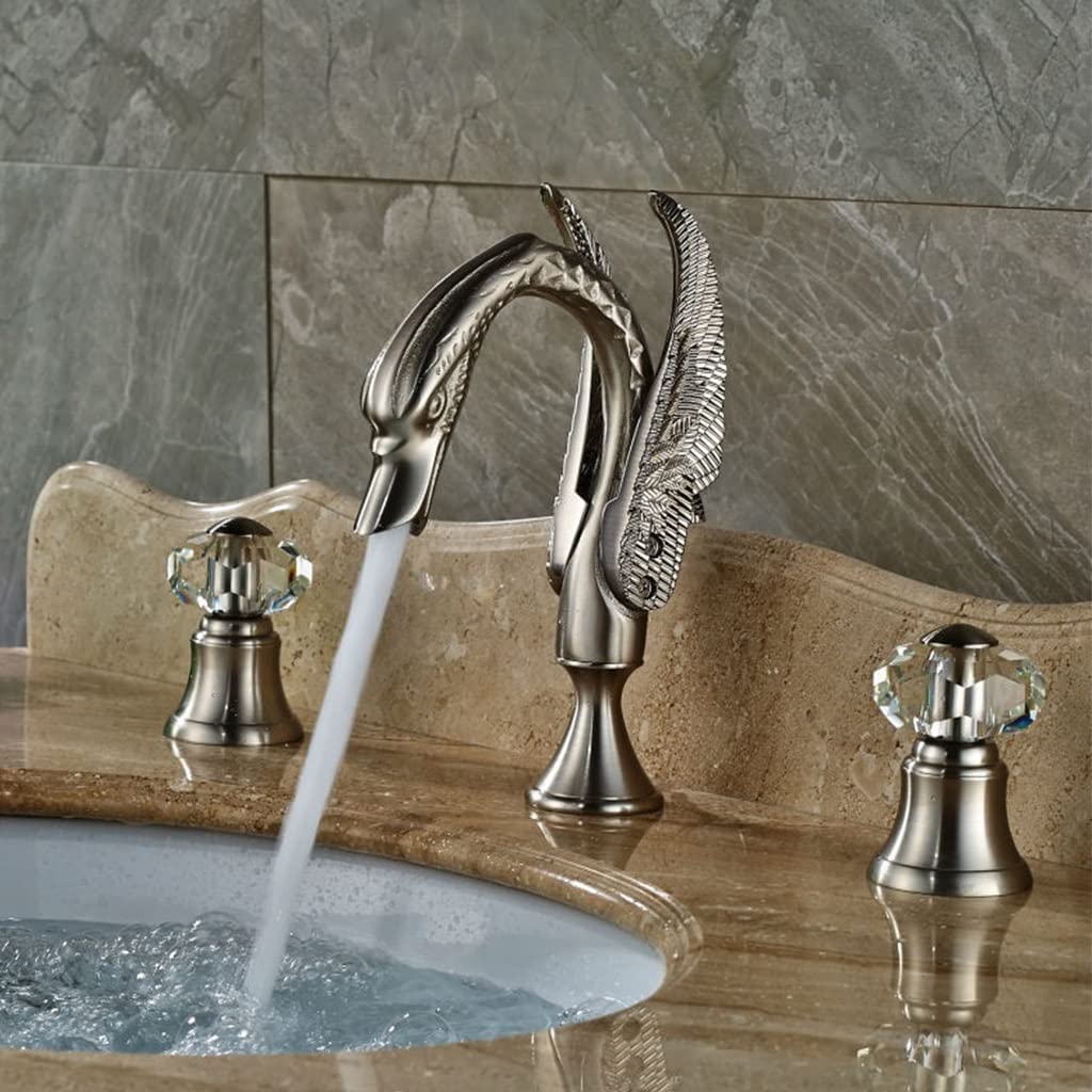 KORP Single Handle Bathroom Sink Faucet - Swan Shape Basin Mixer Tap with Crystal Handles for Hot & Cold Water, Brushed Nickel Finish (3-Hole Installation) - Perfect for Modern Bathroom Vanities and Powder Rooms