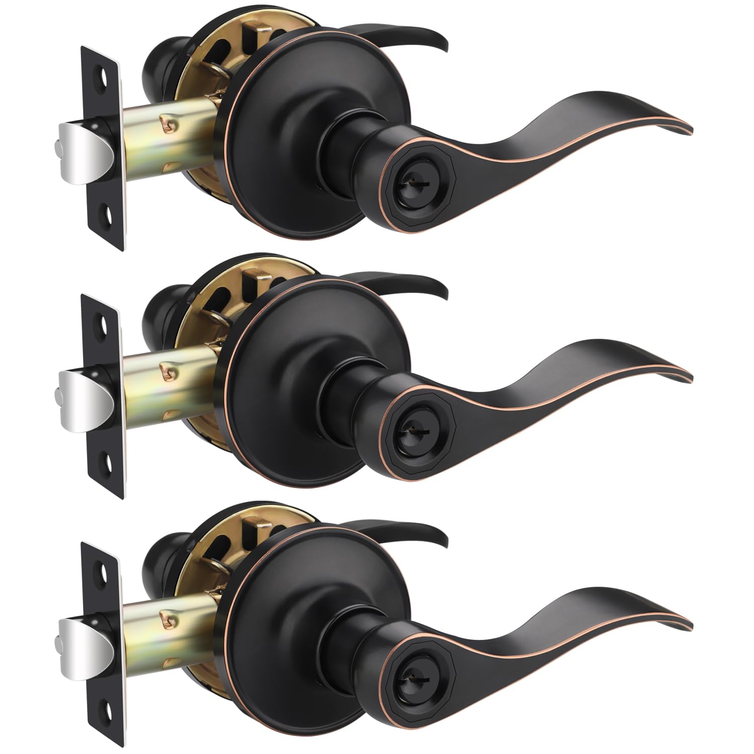 3 Pack Keyed Alike Entry Door Handles - Oil Rubbed Bronze Interior Door Knobs for Bedroom, Bathroom & Home Security - Universal Handing Lever Set (Perfect for Apartments, Offices & Residential Doors)