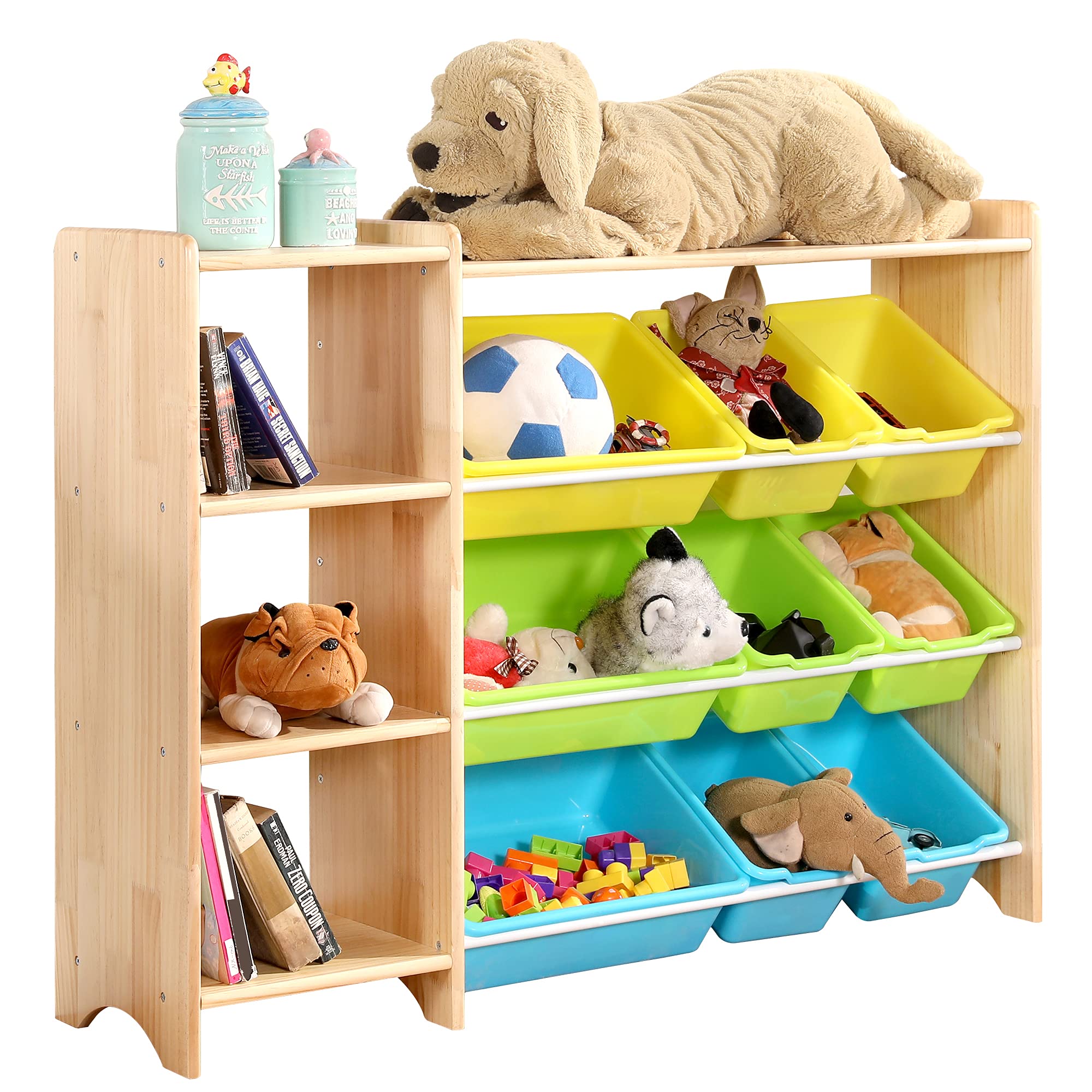 4-Tier Kids' Toy Storage Organizer Shelf - 100% Solid Wood Children's Cabinet with 9 Plastic Bins & 3 Storage Ports | Durable Nursery Organization for Toys, Books & Clothes | Perfect for Playrooms, Daycares & Preschools
