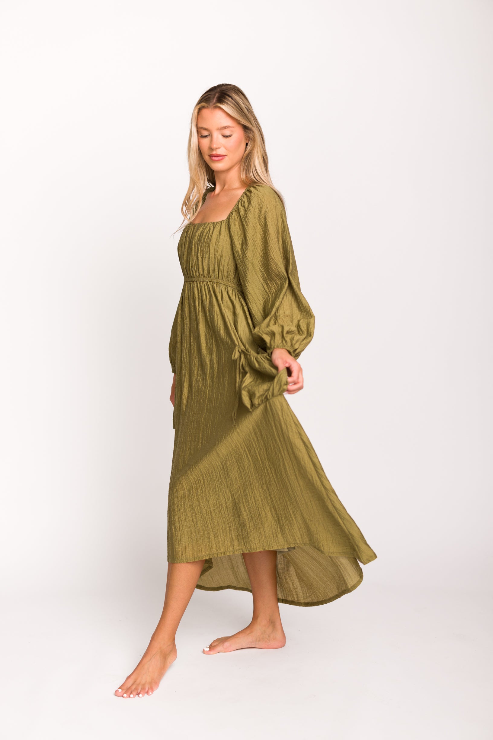 Ariana Women's Olive Long Sleeve Maxi Dress with Slouchy Pocket - Boho Chic Casual Dress for Beach, Vacation & Everyday Wear