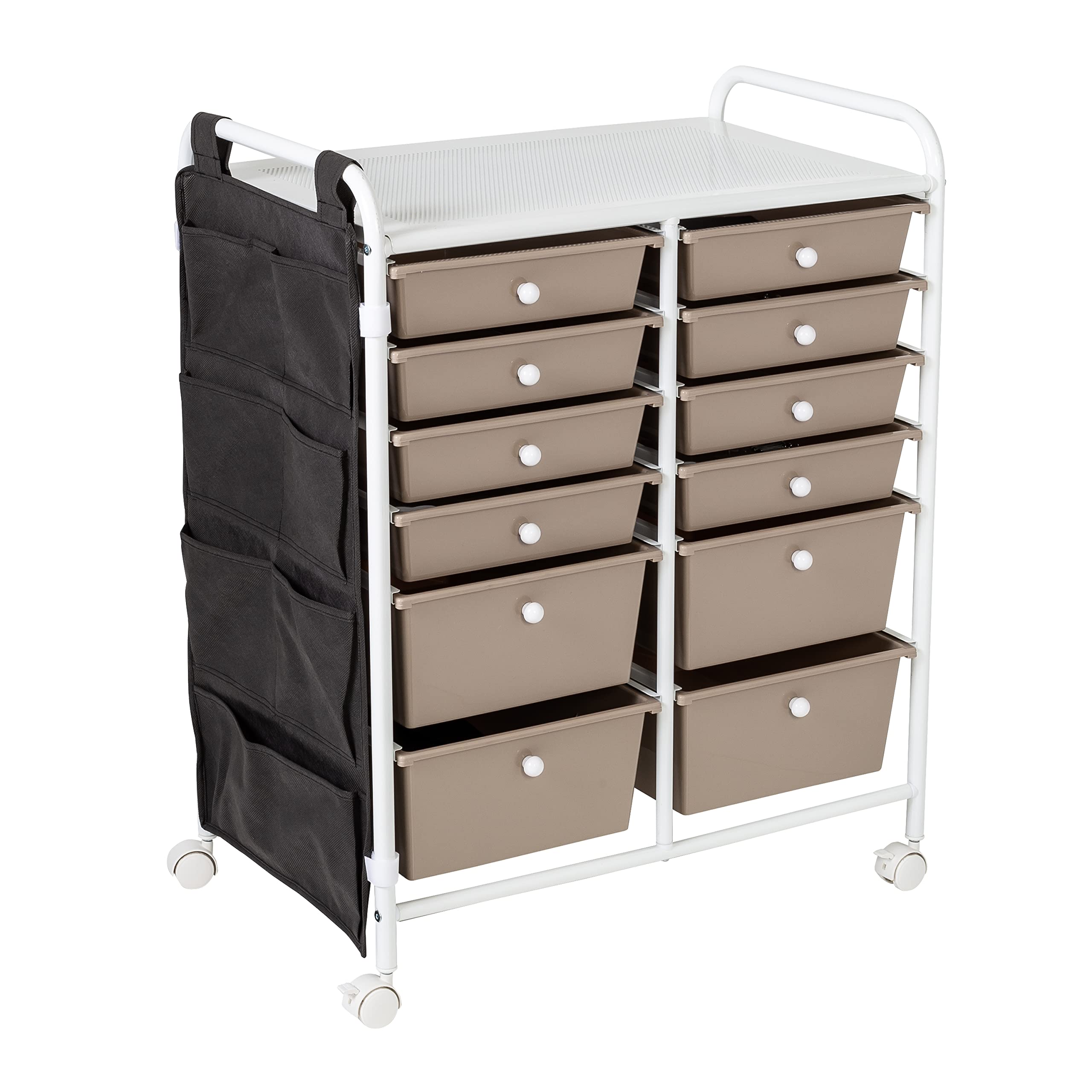 Honey-Can-Do 12-Drawer Metal Rolling Storage Cart with Side Pockets, White CRT-09104 - Perfect for Home Organization, Office Supplies, and Craft Room Storage