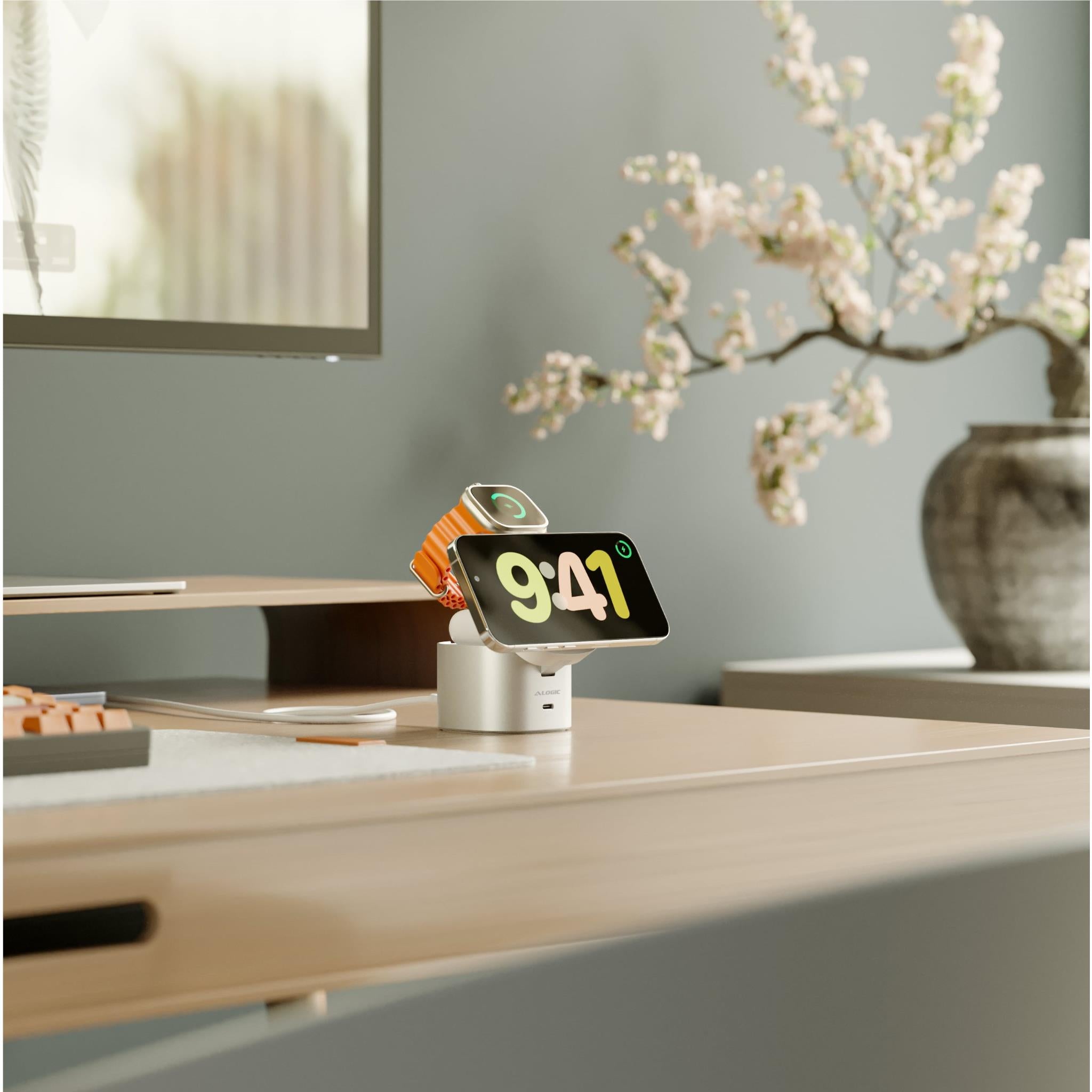 Alogic Powerpod 4-in-1 Qi2 Fast Wireless Charging Stand for iPhone 15/14/13, AirPods, Apple Watch - White | Multi-Device Charging Station for Home, Office & Travel