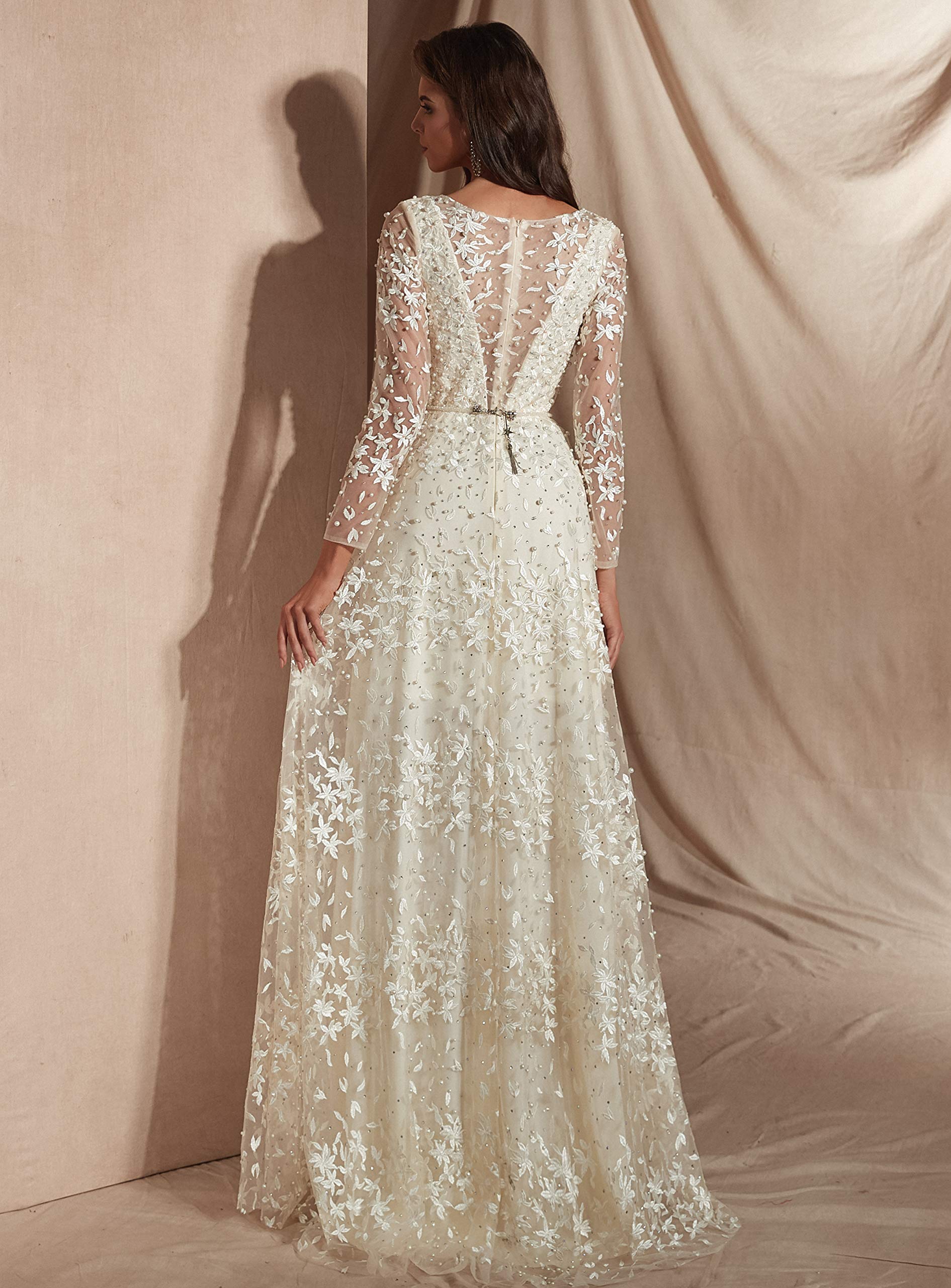 Elegant Beaded Long Sleeve Lace Applique Tulle Wedding Dress for Women - Perfect for Bridal, Formal Events & Romantic Photoshoots