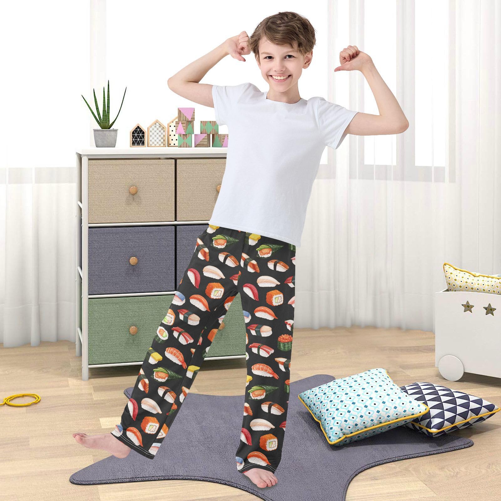 **Boys Cartoon Sushi Pajama Pants - Black Soft Sleep Pants with Elastic Waist & 2 Pockets - Comfortable Lounge Pajama Bottoms for Kids' Bedtime & Relaxation**