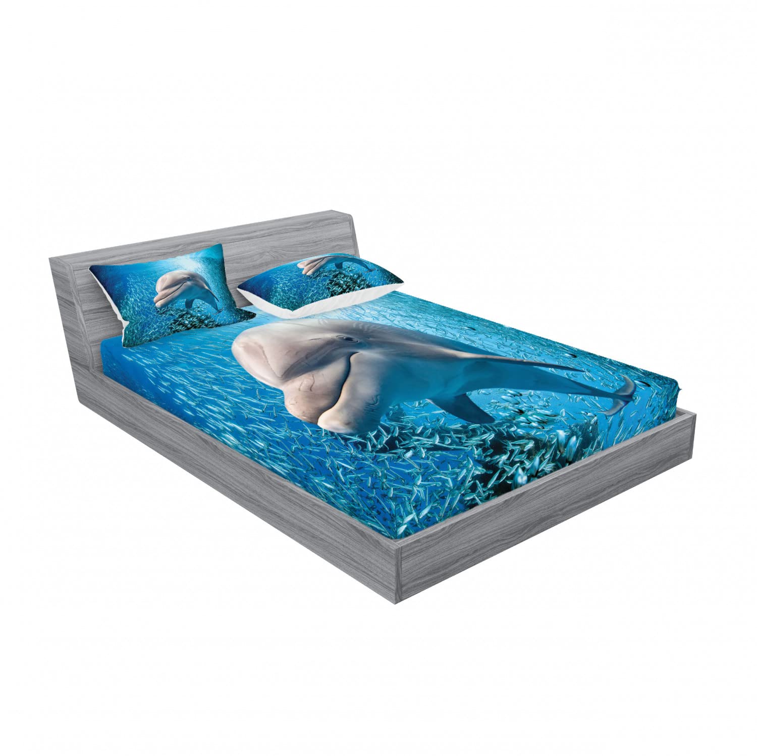 Ambesonne 2-Pack Queen Size Fitted Sheet Set with 4 Pillow Shams - Dolphin Ocean Marine Pattern Blue Grey Bedding - Perfect for Beach House Decor, Guest Room or Kids' Bedroom