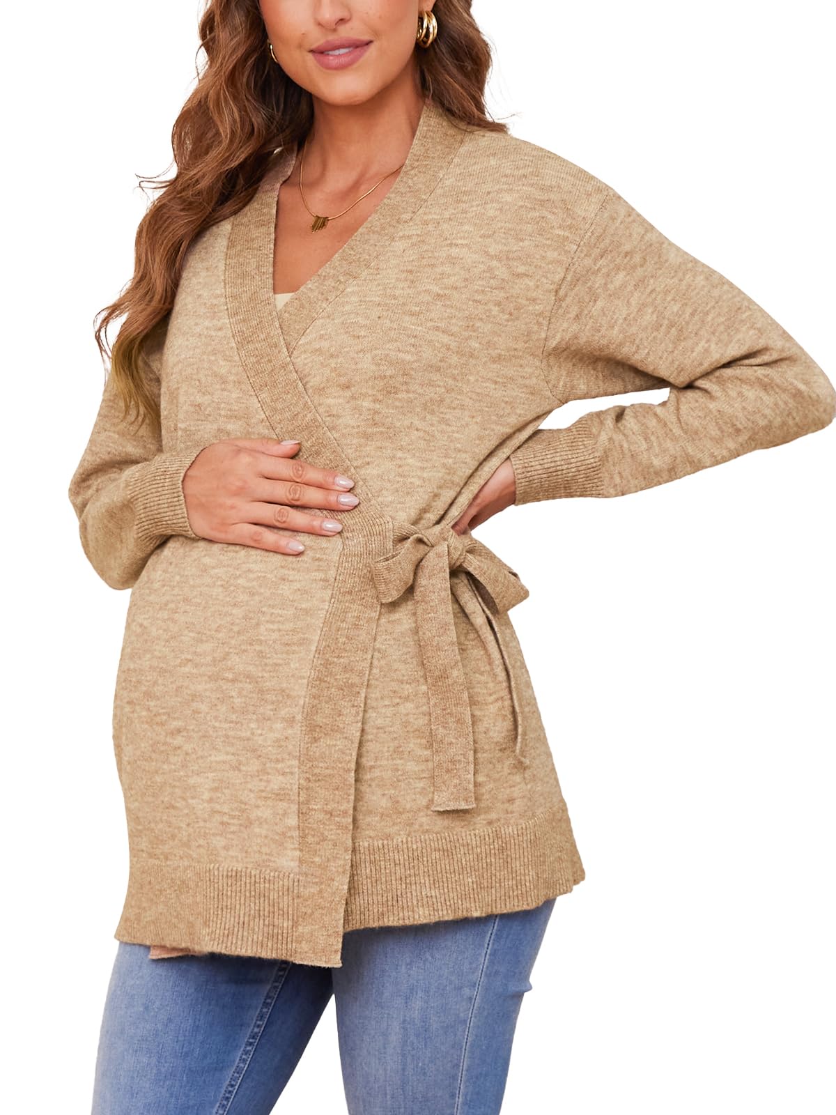 Liu & Qu Women's V-Neck Maternity Sweater - Soft Tie Front Wrap Knit Top for Pregnancy - Comfortable Nursing Clothes for Moms | Perfect for Work, Dates & Everyday Wear
