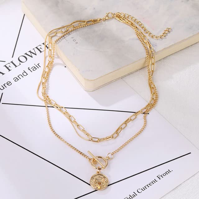 Vintage Punk Layered Portrait Coin Pendant Necklace Set - Chunky Thick Cuban Link Chains & Choker Necklaces for Women - Perfect for Gothic Fashion, Rock Concerts, and Retro Style Jewelry