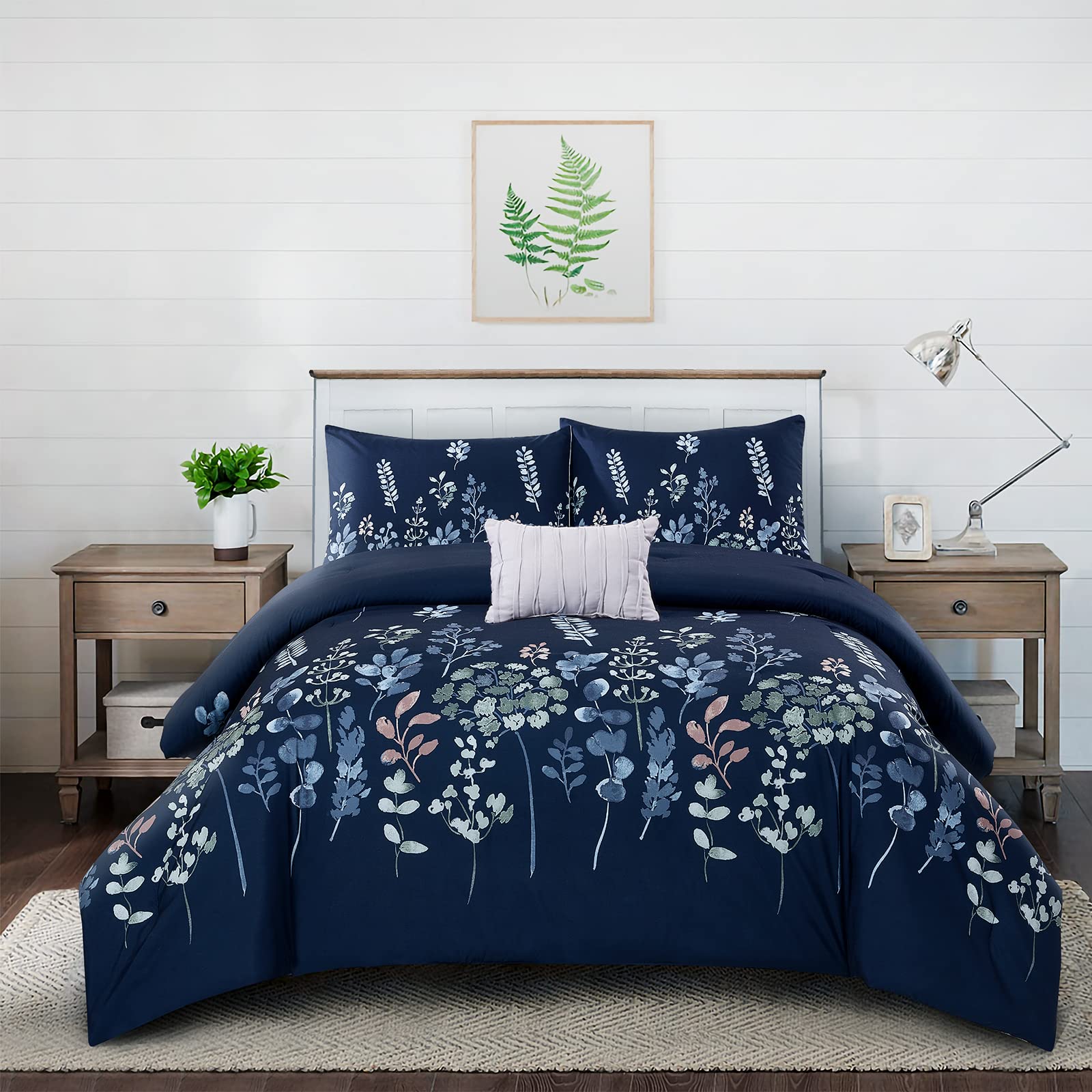 Style Quarters King Size Comforter Set - 100% Microfiber Polyester 4-Piece Bedding with Floral & Green Leaf Design, Includes 1 Comforter, 2 Pillowcases & 1 Decorative Pillow - Navy Blue Luxury Bedding for Master Bedroom, Guest Room & Hotel Style Decor