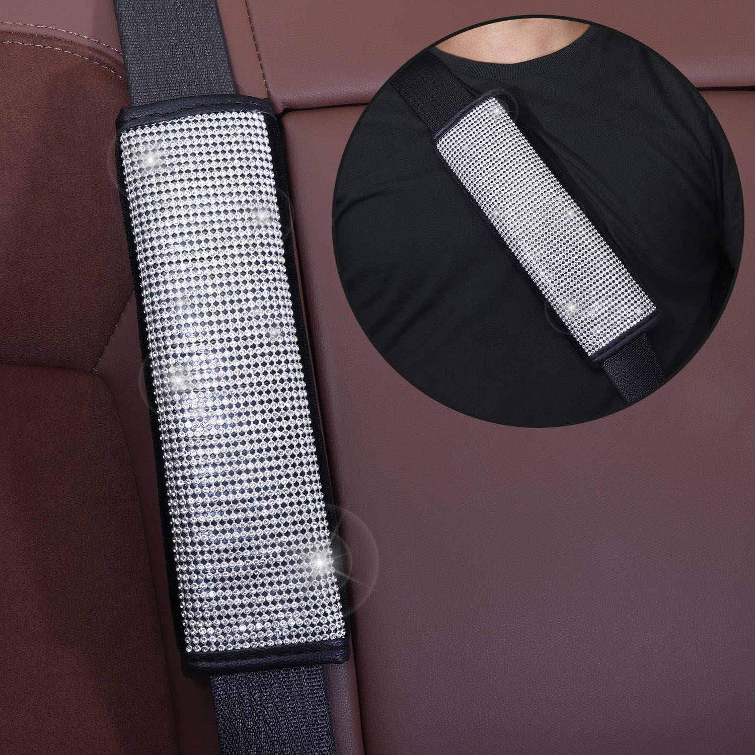 7-Pack Rhinestone Diamond Car Accessories for Women - Sparkly Steering Wheel Cover, Seat Belt Cushion, Shift Knob Cover, Push Start Button & Cup Coaster Set in Silver | Luxury Car Interior Decor & Gift Idea for Female Drivers