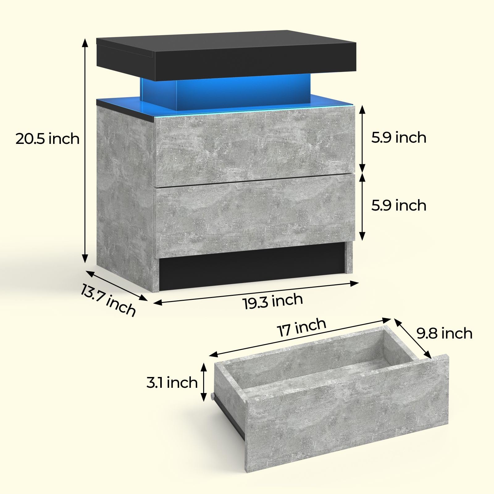 Modern LED Nightstand with 2 Drawers - Wooden Bedside Table with Soft Lighting for Bedroom, Living Room End Table (Grey) - Perfect for Reading, Charging Devices & Bedroom Storage