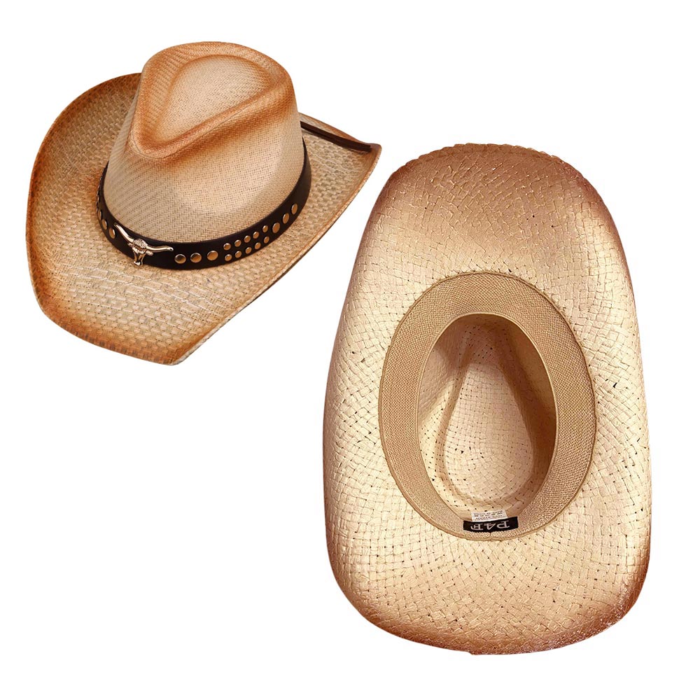 Western Cowboy Hat - Metal Steer Head Embellished Faux Leather Band & Straw Fedora for Men & Women | Perfect for Rodeo, Country Music Festivals & Western Themed Parties