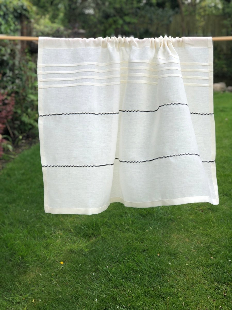 Culcheth Creamy Ivory Linen Cafe Curtain with Decorative Stitching - Elegant Window Treatment for Kitchen, Dining Room & French Doors