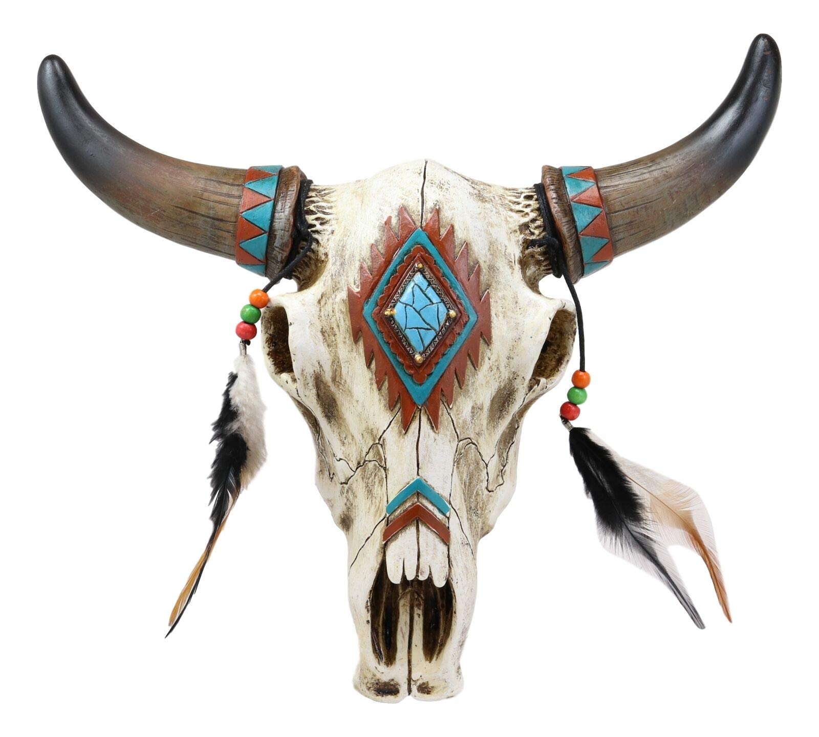 12.5 Inch Southwest Style Steer Bison Bull Cow Skull Wall Decor with Horns & Feathers - Rustic Western Home Decor for Living Room, Bedroom or Office - Handmade in USA