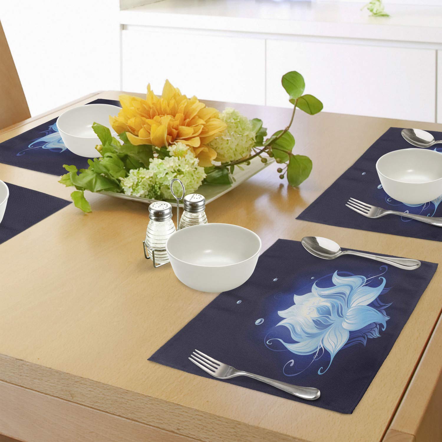 Ambesonne Floral Place Mats Set of 4 - Lotus with Dew Drops on Dark Water Background, Washable Fabric Table Mats for Dining Room & Kitchen Decor in Indigo Sky Blue - Perfect for Yoga Meditation Spaces, Boho Home Decor, and Elegant Dinner Parties